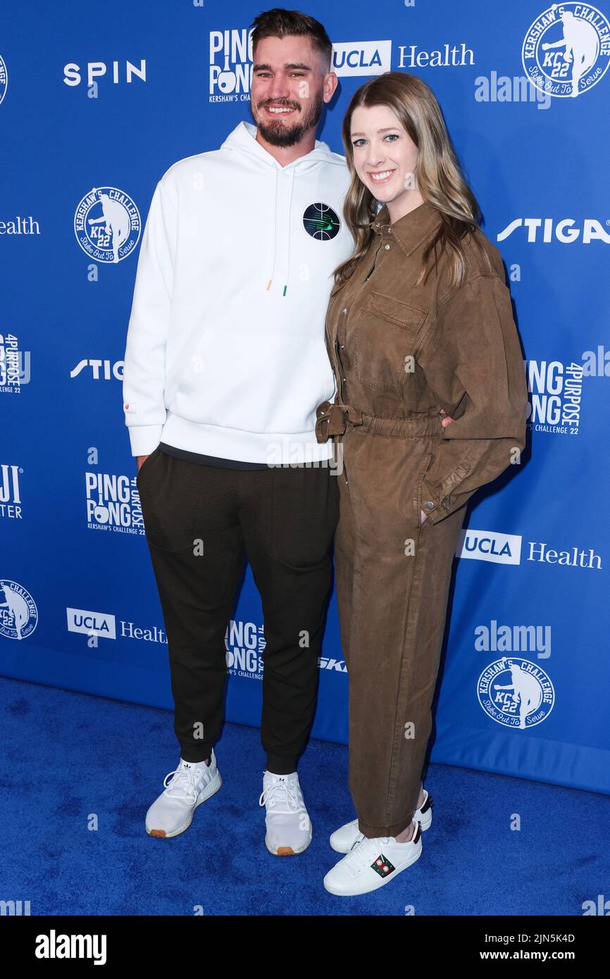 Los Angeles, United States. 08th Aug, 2022. ELYSIAN PARK, LOS ANGELES, CALIFORNIA, USA - AUGUST 08: American professional baseball pitcher for the Los Angeles Dodgers of Major League Baseball Andrew Heaney and wife Jordan Heaney arrive at Kershaw's Challenge Ping Pong 4 Purpose 2022 held at Dodger Stadium on August 8, 2022 in Elysian Park, Los Angeles, California, United States. (Photo by Xavier Collin/Image Press Agency) Credit: Image Press Agency/Alamy Live News Stock Photo
