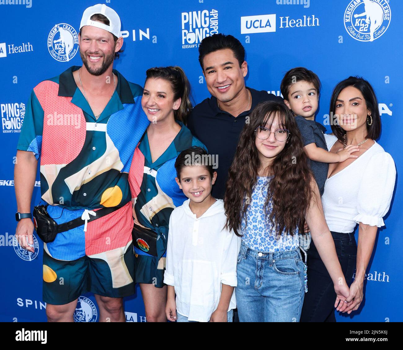 Los Angeles, United States. 08th Aug, 2022. ELYSIAN PARK, LOS ANGELES, CALIFORNIA, USA - AUGUST 08: Clayton Kershaw, Ellen Kershaw, Mario Lopez, Courtney Laine Mazza, Gia Francesca Lopez, Santino Rafael Lopez and Dominic Lopez arrive at Kershaw's Challenge Ping Pong 4 Purpose 2022 held at Dodger Stadium on August 8, 2022 in Elysian Park, Los Angeles, California, United States. (Photo by Xavier Collin/Image Press Agency) Credit: Image Press Agency/Alamy Live News Stock Photo