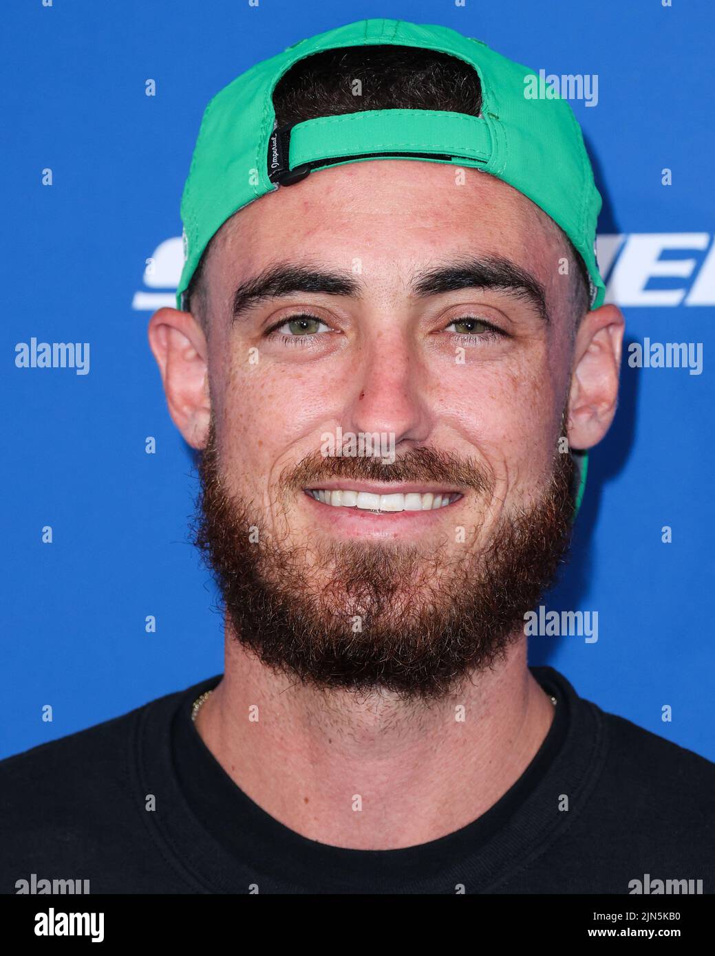 ELYSIAN PARK, LOS ANGELES, CALIFORNIA, USA - AUGUST 08: American professional baseball outfielder and first baseman for the Los Angeles Dodgers of Major League Baseball Cody Bellinger arrives at Kershaw's Challenge Ping Pong 4 Purpose 2022 held at Dodger Stadium on August 8, 2022 in Elysian Park, Los Angeles, California, United States. (Photo by Xavier Collin/Image Press Agency) Stock Photo