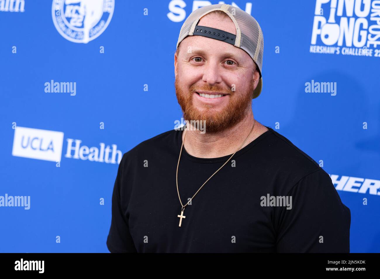 Los Angeles, United States. 08th Aug, 2022. ELYSIAN PARK, LOS ANGELES, CALIFORNIA, USA - AUGUST 08: American professional baseball third baseman for the Los Angeles Dodgers of Major League Baseball Justin Turner arrives at Kershaw's Challenge Ping Pong 4 Purpose 2022 held at Dodger Stadium on August 8, 2022 in Elysian Park, Los Angeles, California, United States. (Photo by Xavier Collin/Image Press Agency) Credit: Image Press Agency/Alamy Live News Stock Photo
