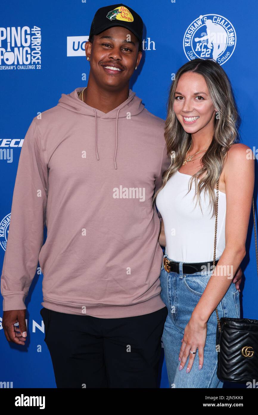 Los Angeles, United States. 08th Aug, 2022. ELYSIAN PARK, LOS ANGELES, CALIFORNIA, USA - AUGUST 08: American professional baseball pitcher for the Los Angeles Dodgers of Major League Baseball Yency Almonte and girlfriend Tori Goodman arrive at Kershaw's Challenge Ping Pong 4 Purpose 2022 held at Dodger Stadium on August 8, 2022 in Elysian Park, Los Angeles, California, United States. (Photo by Xavier Collin/Image Press Agency) Credit: Image Press Agency/Alamy Live News Stock Photo