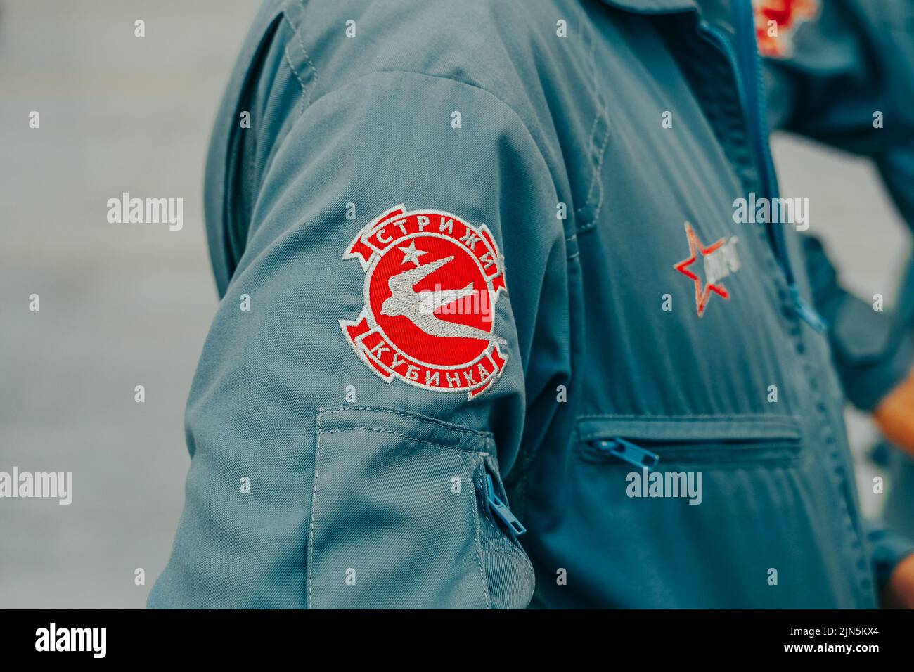 Kazan, Russia. August 05, 2022. Chevron of the Swifts aerobatic team. An element of the pilot's costume. Pilot of Russian attack aircraft Stock Photo
