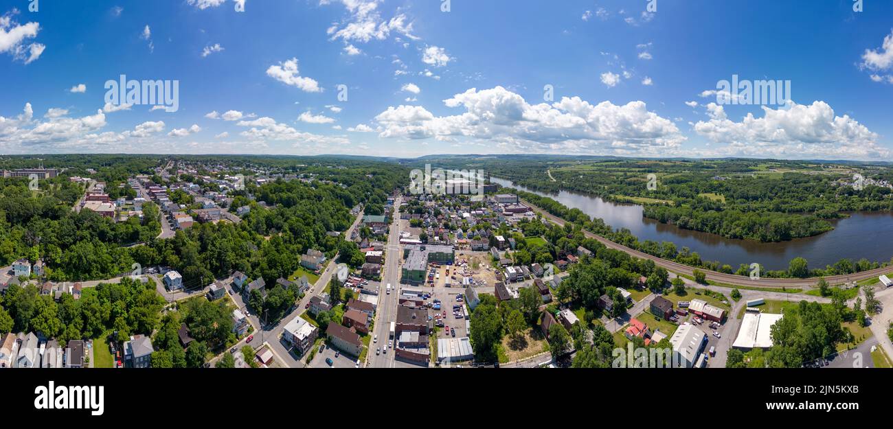 Aerial panoramic view of Amsterdam, New York. July 6, 2022 Stock Photo