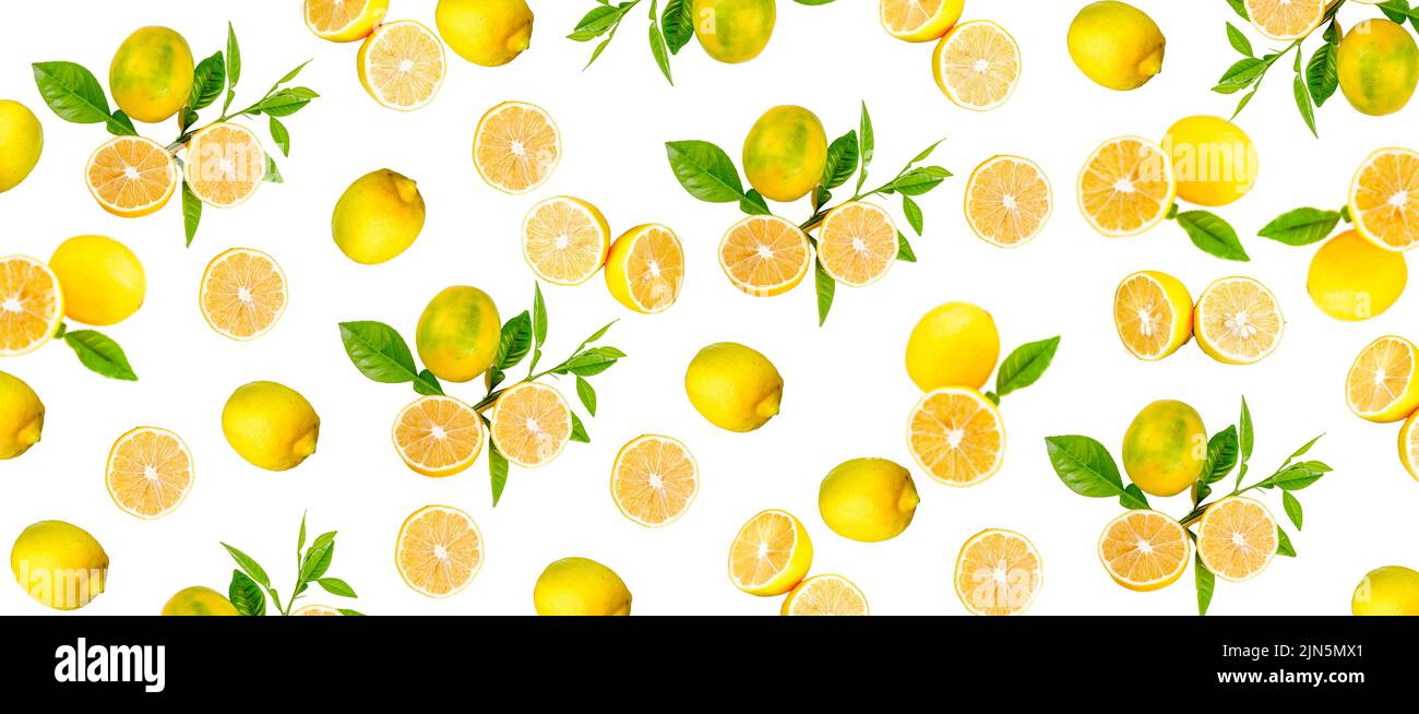 Fruit pattern of lemon slices isolated on a white background. Top view ...