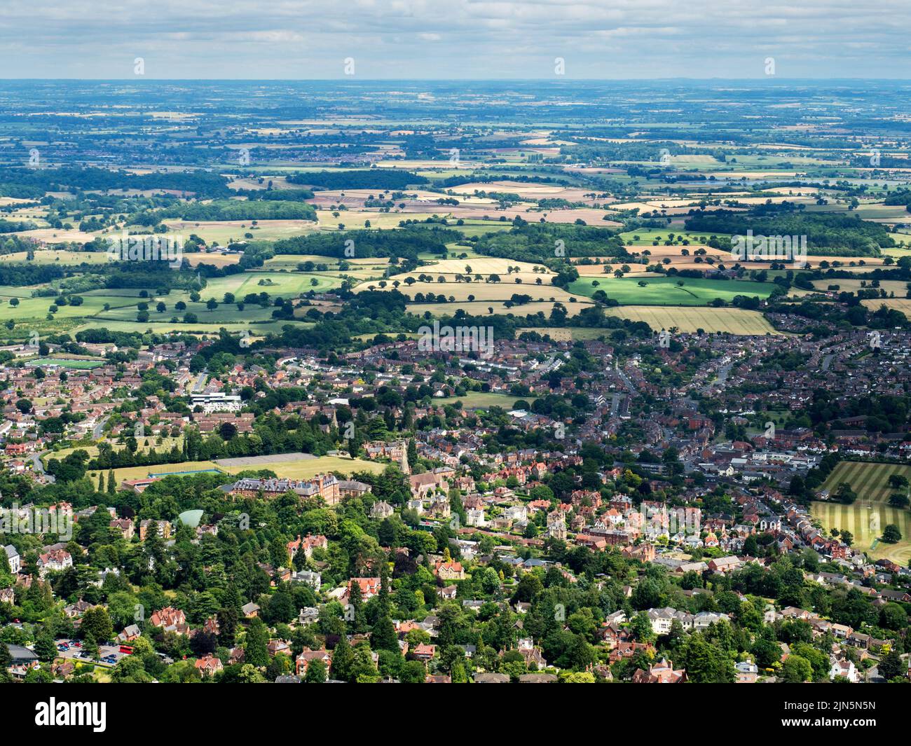 View over the town of Great Malvern from Worcestershire Beacon in the Malvern Hills AONB England Stock Photo