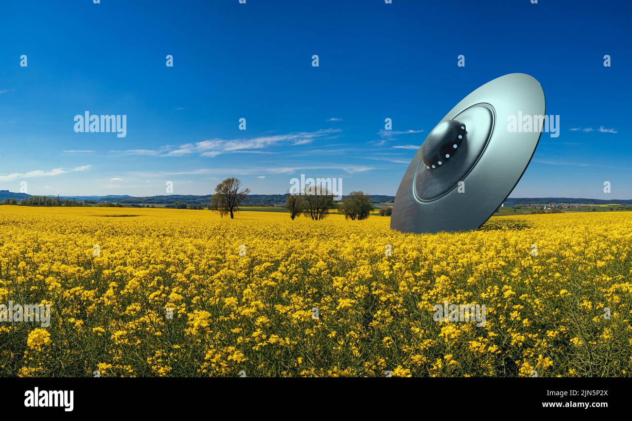 An on approach crashed UFO the field of rape Stock Photo