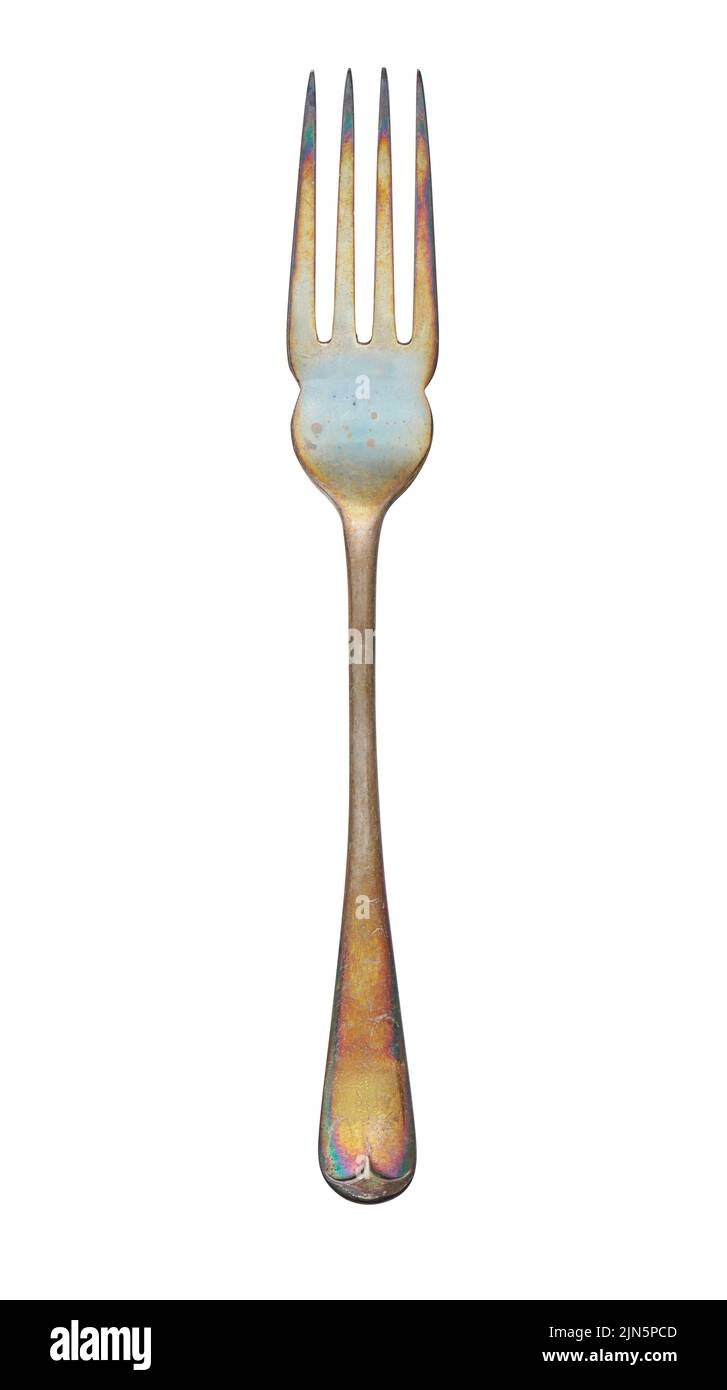 Old oxidized metal fork, cut out, photo stacking Stock Photo