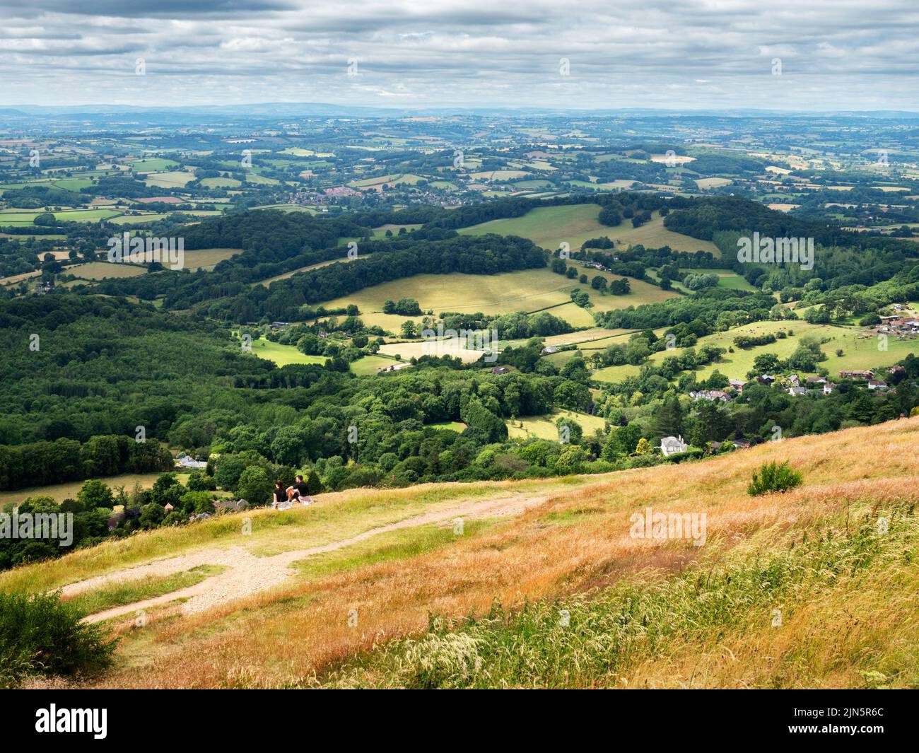 View over Worcestershire countryside from Worcestershire Beacon in the Malvern Hills AONB England Stock Photo
