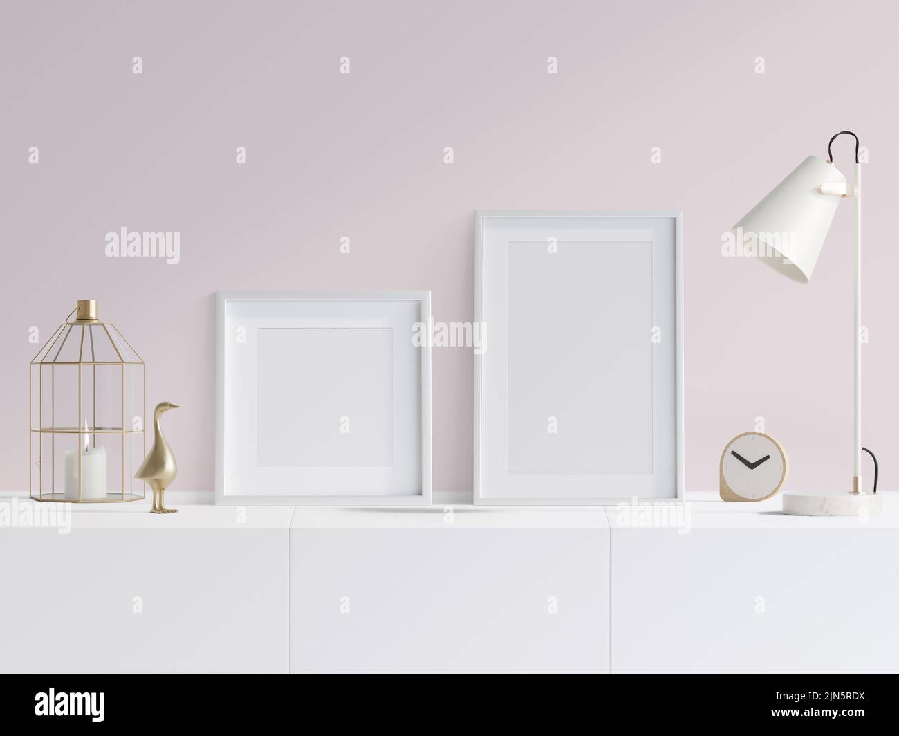 2 Frames for Mockup, on Sideboard with golden decoration, 3d render, 3d