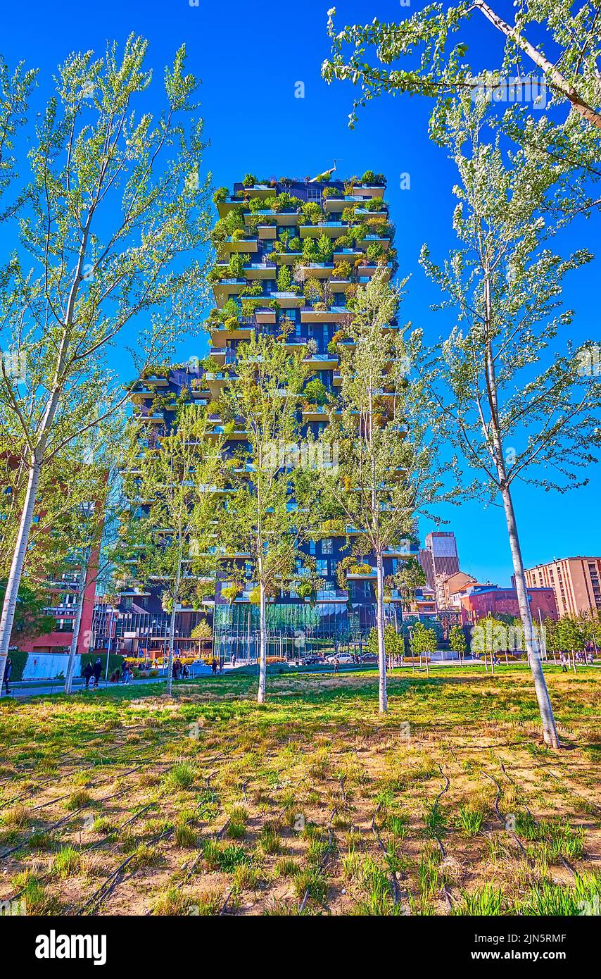 Famous Vertical Forest (Bosco Verticale) residential buildings with plants on balconies, Milan, Italy Stock Photo