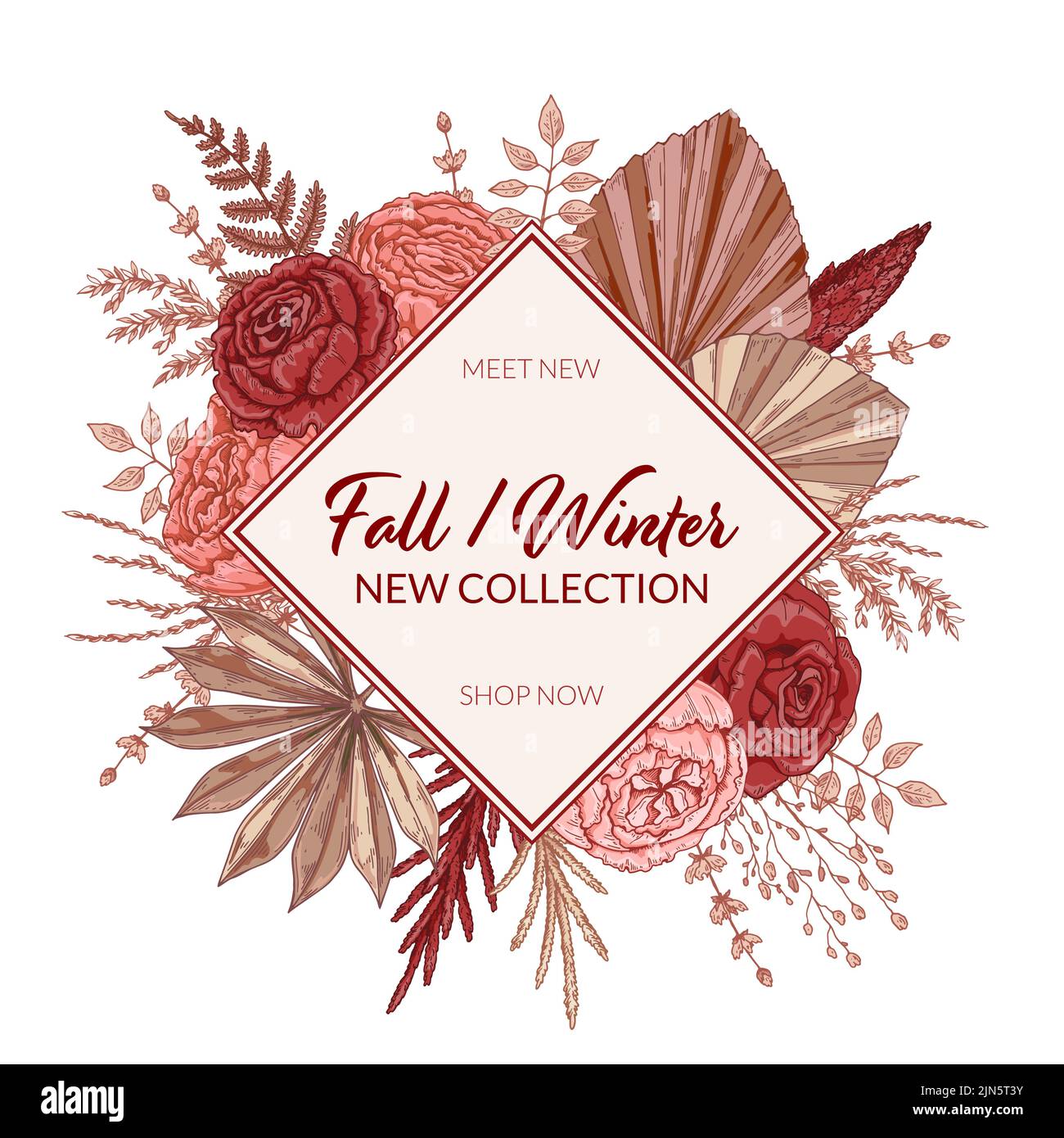 Autumn trendy design. Hand drawn vector illustration. Can be used for banners, social media, flyers, posters. Space for text Stock Vector