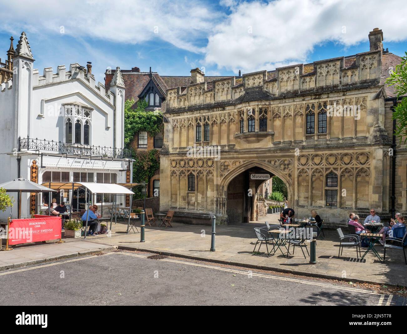 Abbey Gateway now Malvern Museum alongside gothic revival buildings on Abbey Road Great Malvern Worcestershire England Stock Photo