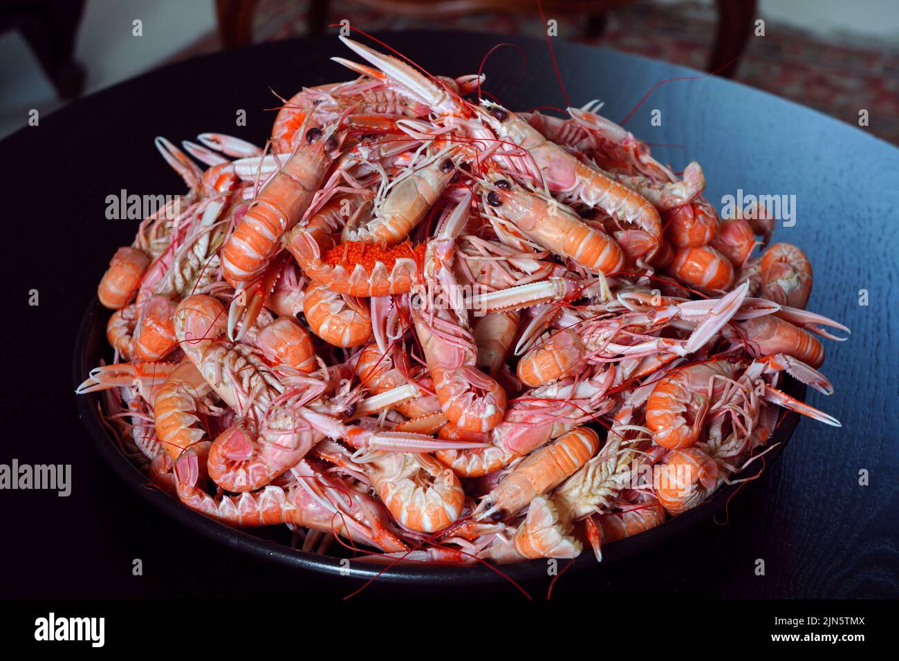Platter of fresh cooked langostino in Brittany, France Stock Photo