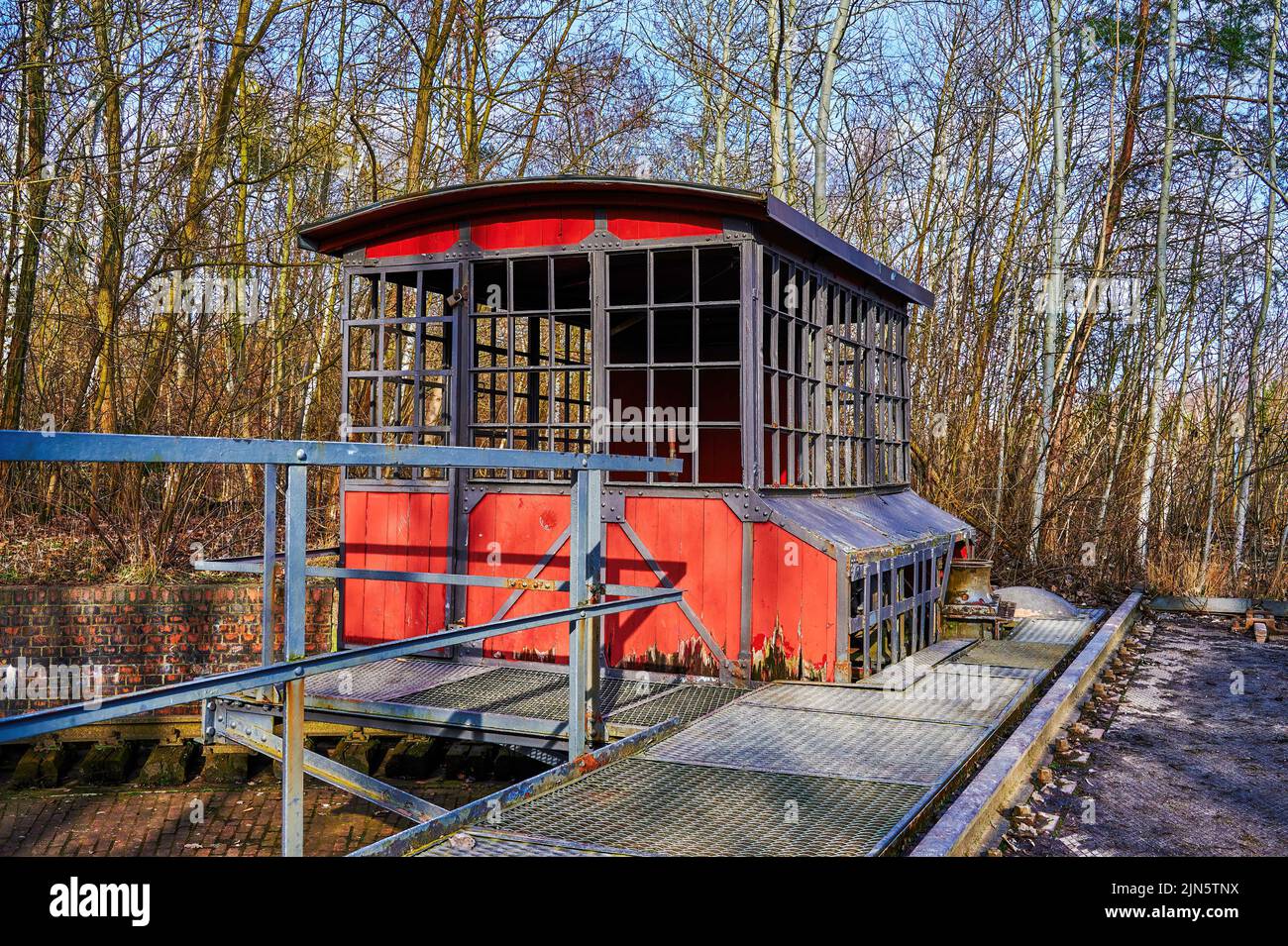 Berlin, Germany February 12, 2022 Small hut of wood and metal housing the controls for a