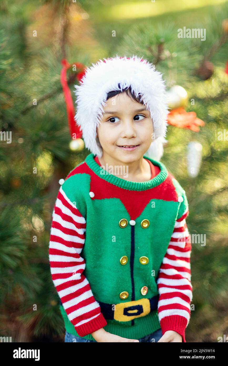 Little boy in sweater and hat waiting for a Christmas in the wood. little boy near the christmas