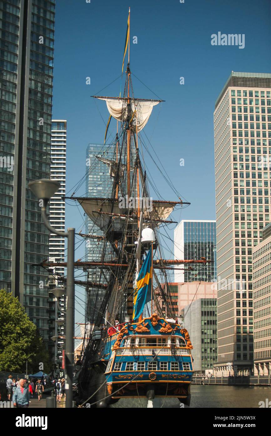 London UK 9 August 2022 Large queues formed at South Quay today to visit the Replica 18th century Swedish ship Götheborg docked at South Dock Quay in Canary Wharf. Open to visitors every day until 12 of August  Paul Quezada-Neiman/Alamy Live News Stock Photo