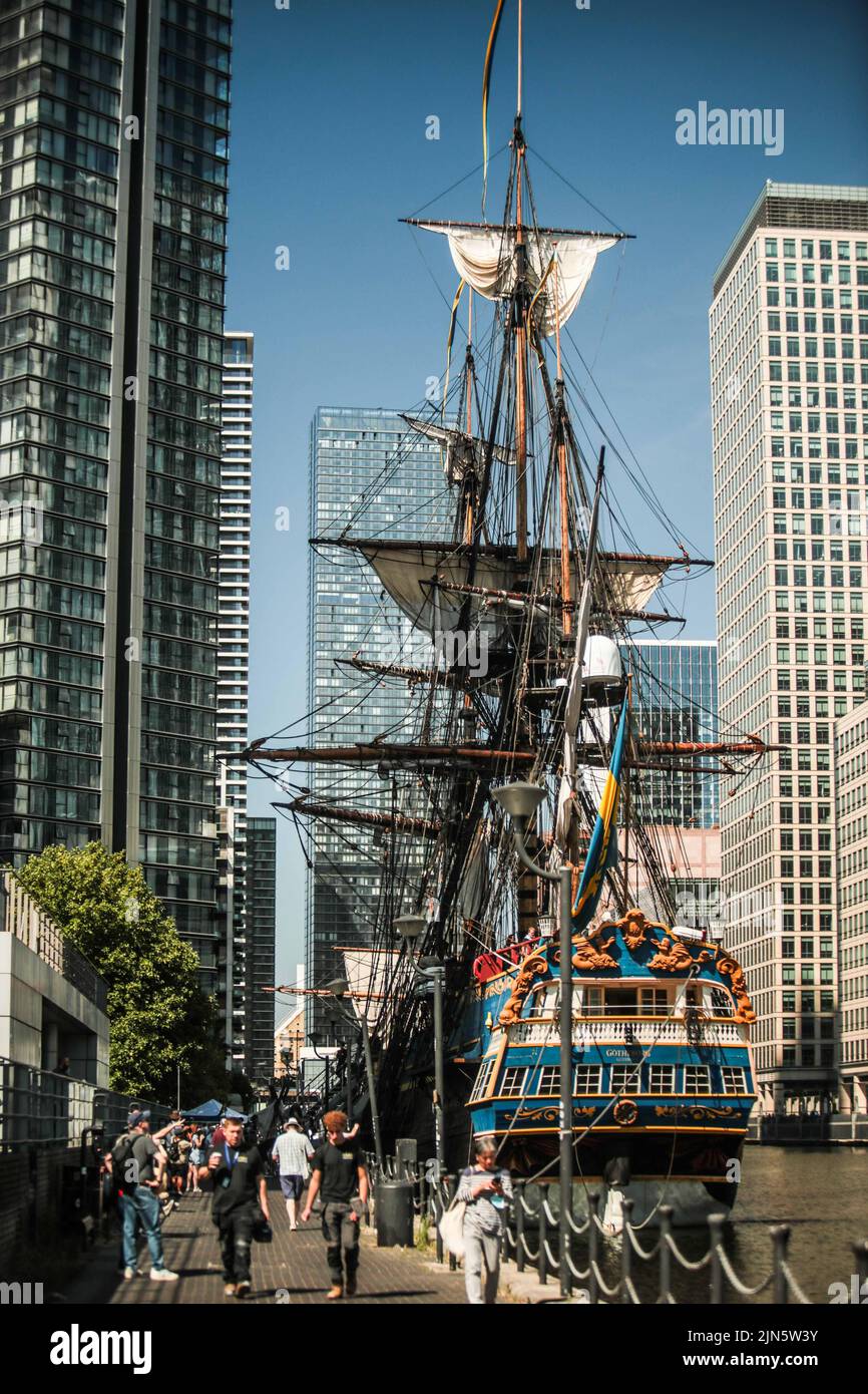 London UK 9 August 2022 Large queues formed at South Quay today to visit the Replica 18th century Swedish ship Götheborg docked at South Dock Quay in Canary Wharf. Open to visitors every day until 12 of August  Paul Quezada-Neiman/Alamy Live News Stock Photo