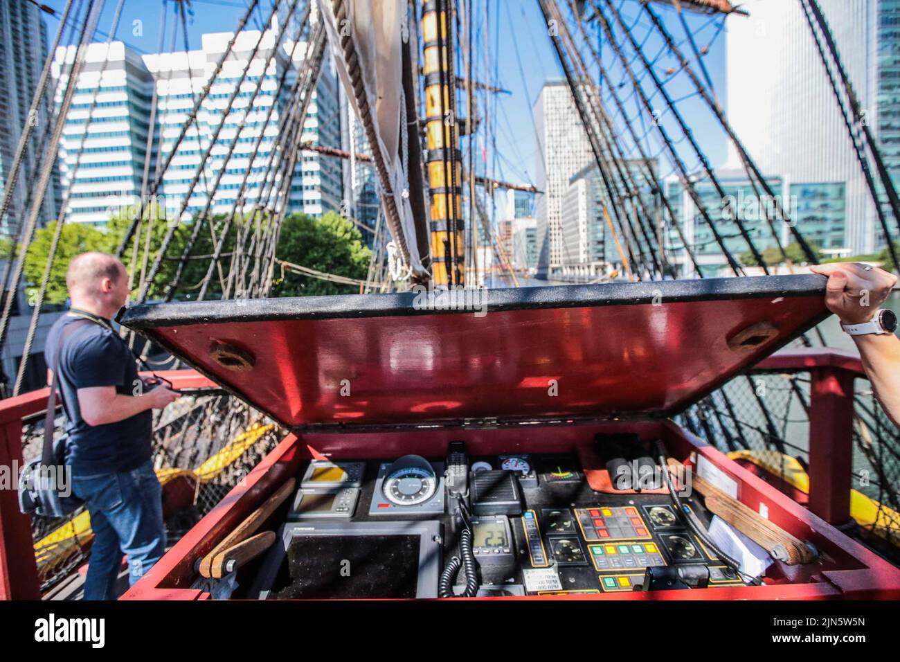 London UK 9 August 2022 The new navigation board  in the Replica 18th century Swedish ship Götheborg docked at South Dock Quay in Canary Wharf. Open to visitors every day until 12 of August  Paul Quezada-Neiman/Alamy Live News Stock Photo