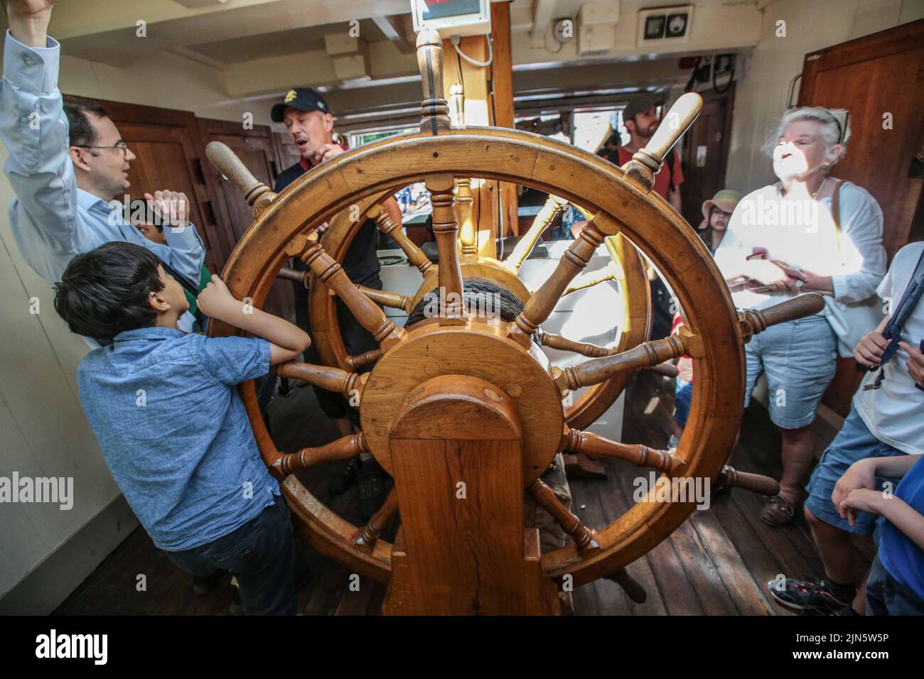London UK 9 August 2022 The stearing wheel or Helm,which in rough seas requered two people to stear,Open to visitors every day until 12 of August  Paul Quezada-Neiman/Alamy Live News Stock Photo