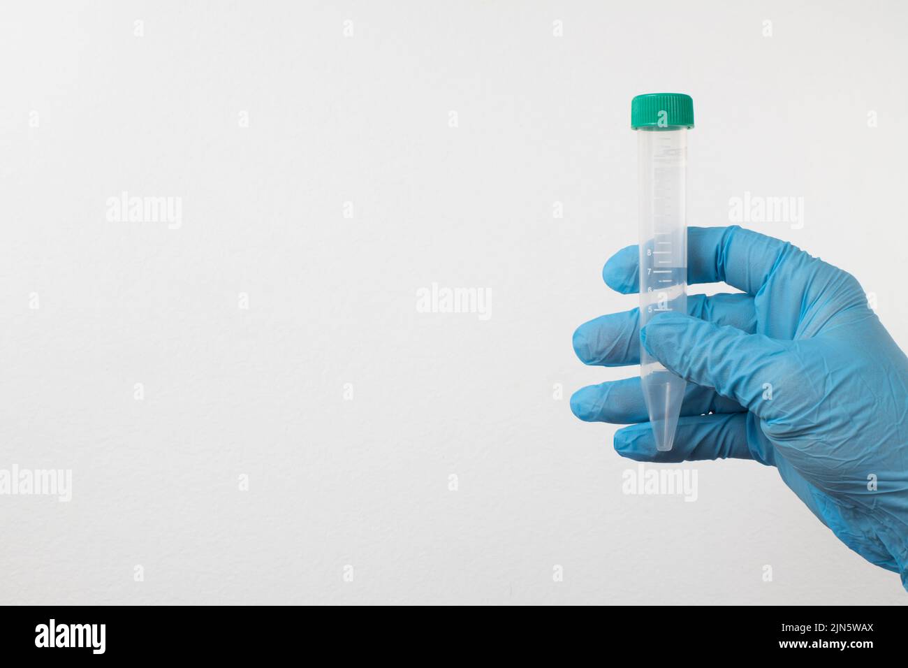 vacuum tube for collection and blood samples in blue gloves for laboratory. On white background Stock Photo