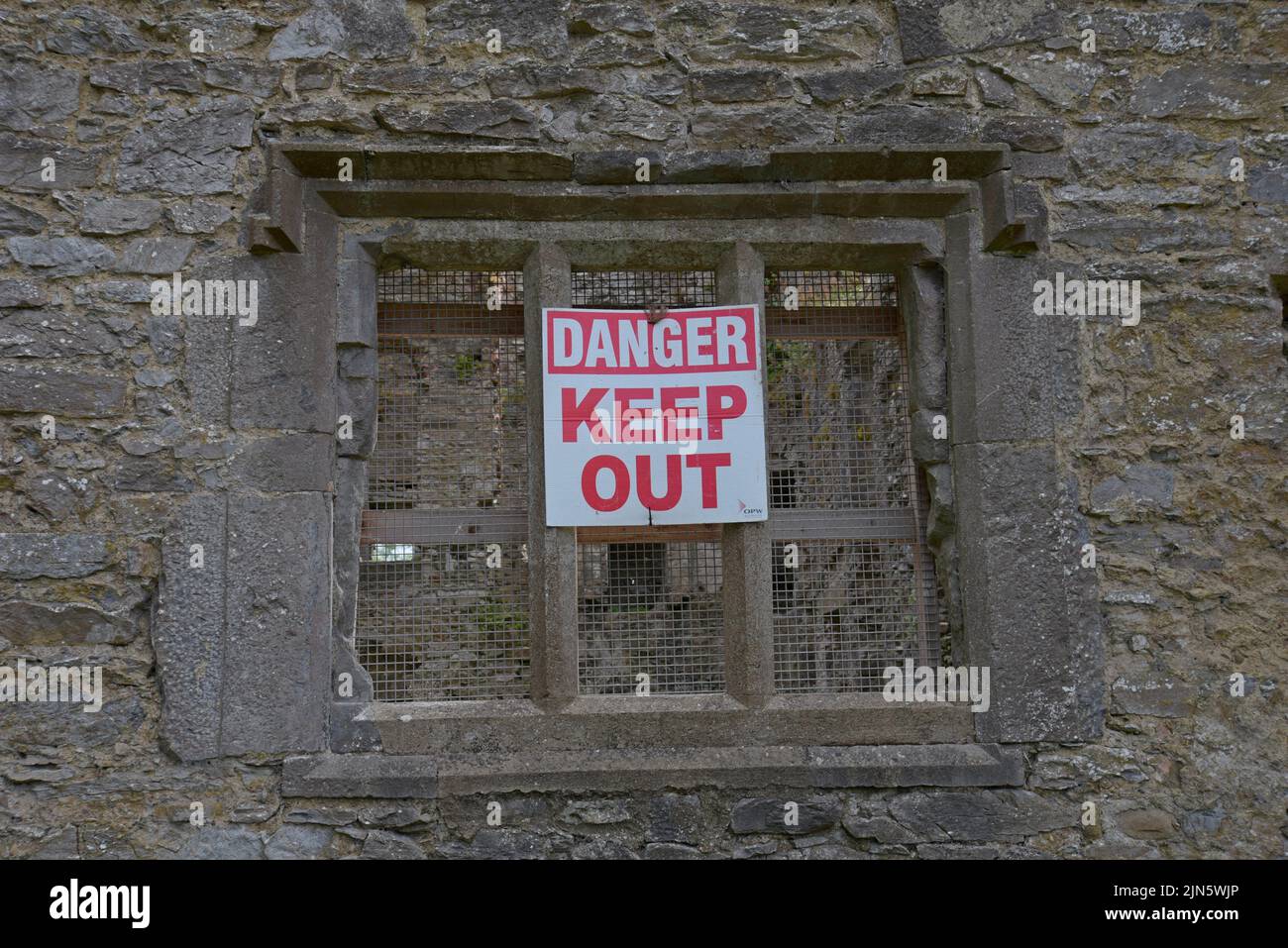 Danger sign on the unsafe structure of Mallow Castle, Mallow, County Cork, July 2022 Stock Photo