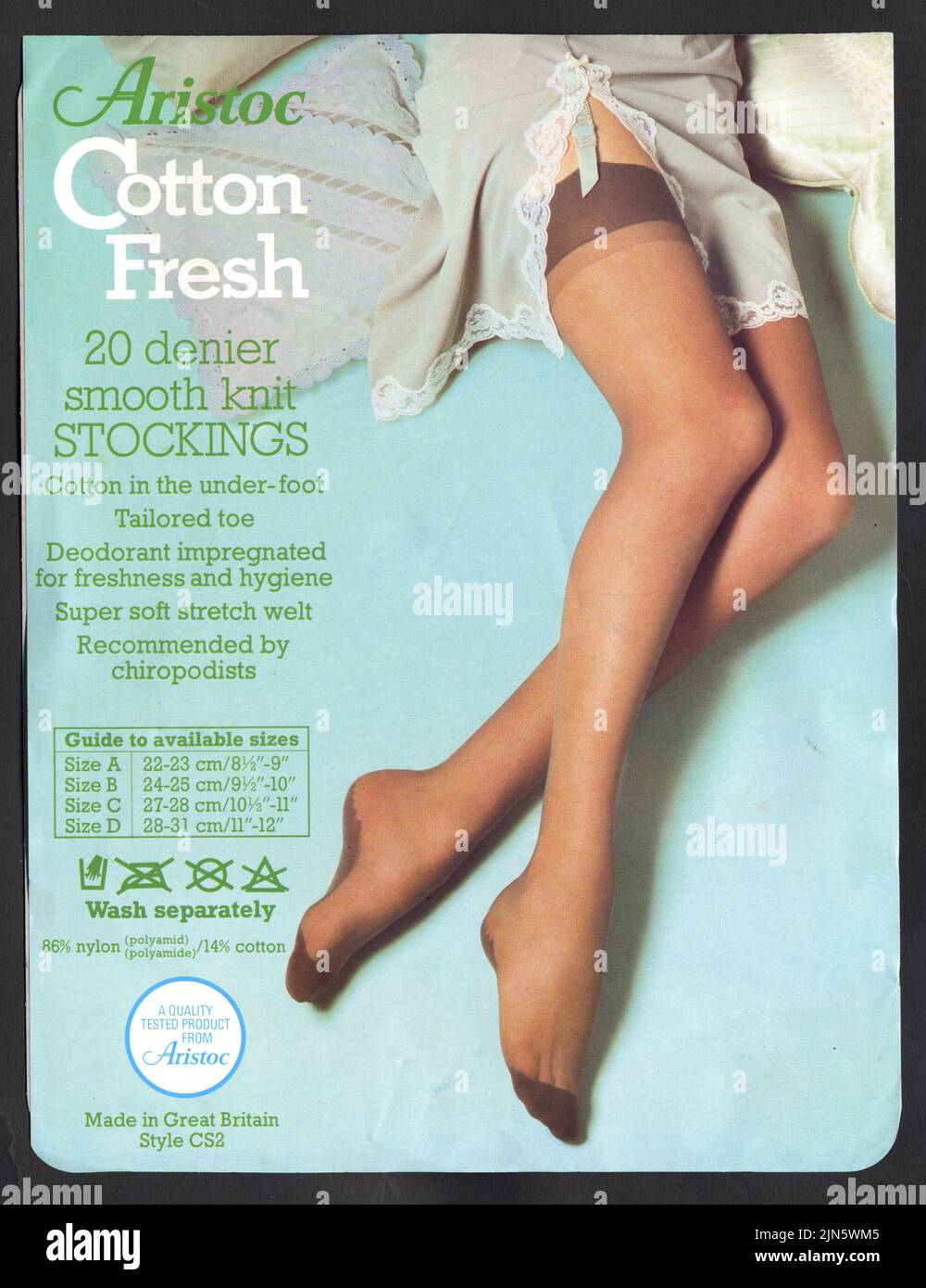 Aristoc Cotton Fresh stockings packet. Legs and nightdress. 1980s. Made in Great Britain. Original scan. Stock Photo
