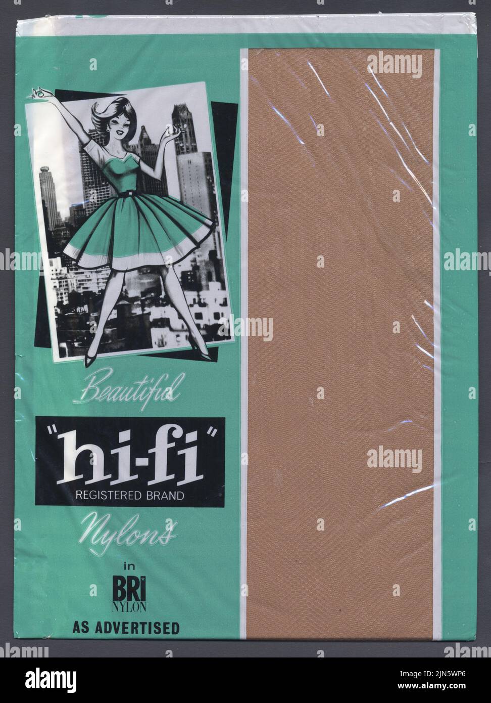 Hi-fi brand Nylons packet, early 1960s. Illustration of woman against a photograph of American skyline.  Hi-fi registered brand, no address given. Price 3/11d. Bri Nylon (launched 1958). 'As advertised'. Original scan. Stock Photo