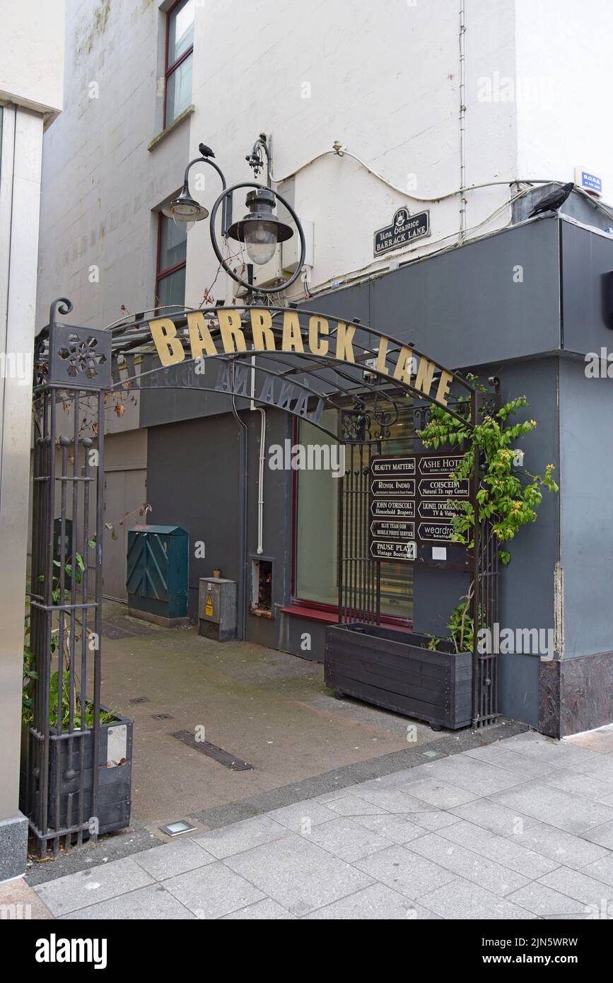 The entrance to Barrack Lane, in the main shopping area of Tralee, County Kerry, July 2022 Stock Photo