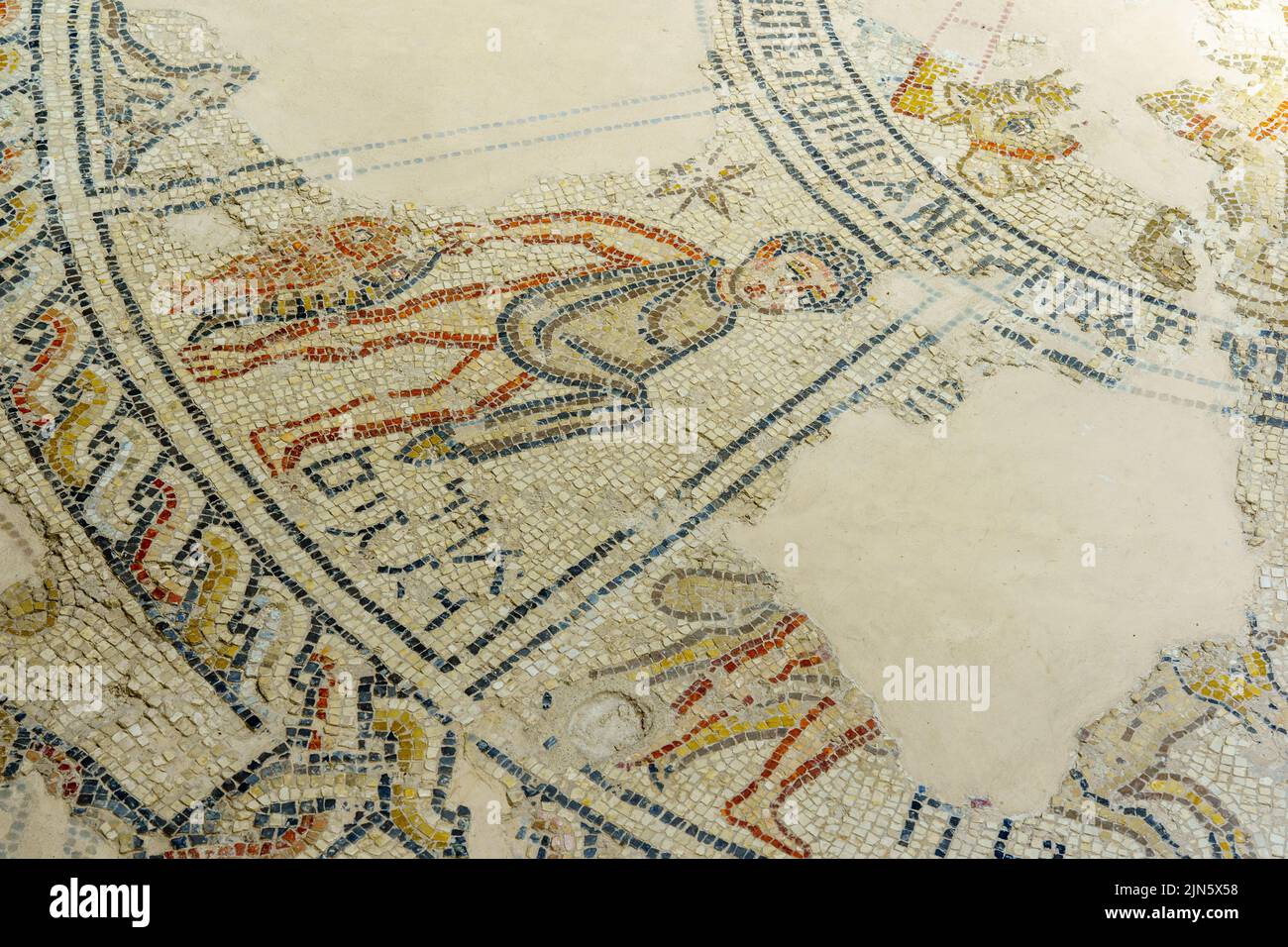 View of a Roman era Mosaic floor, with zodiac and biblical scenes, in an ancient Synagogue, Tzipori (Sepphoris) National Park, Northern Israel Stock Photo
