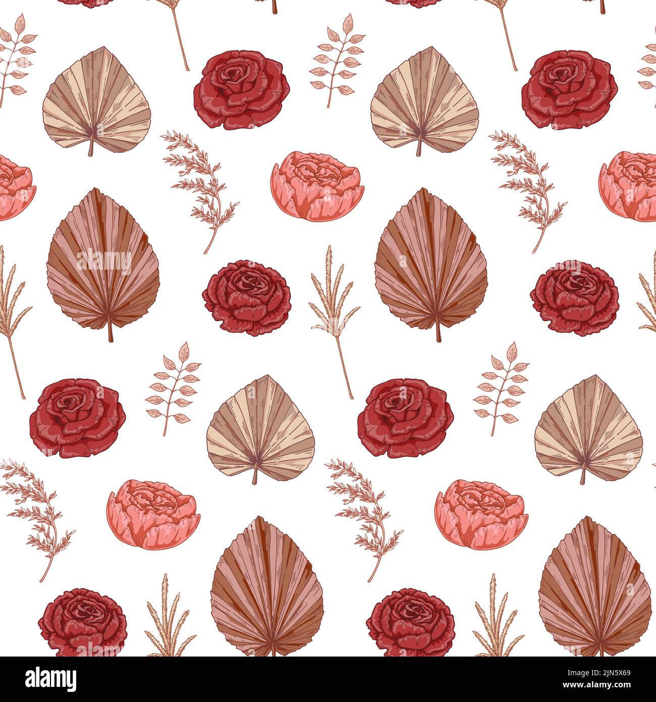 Modern dried flowers seamless pattern. Boho design. Hand drawn vector ...