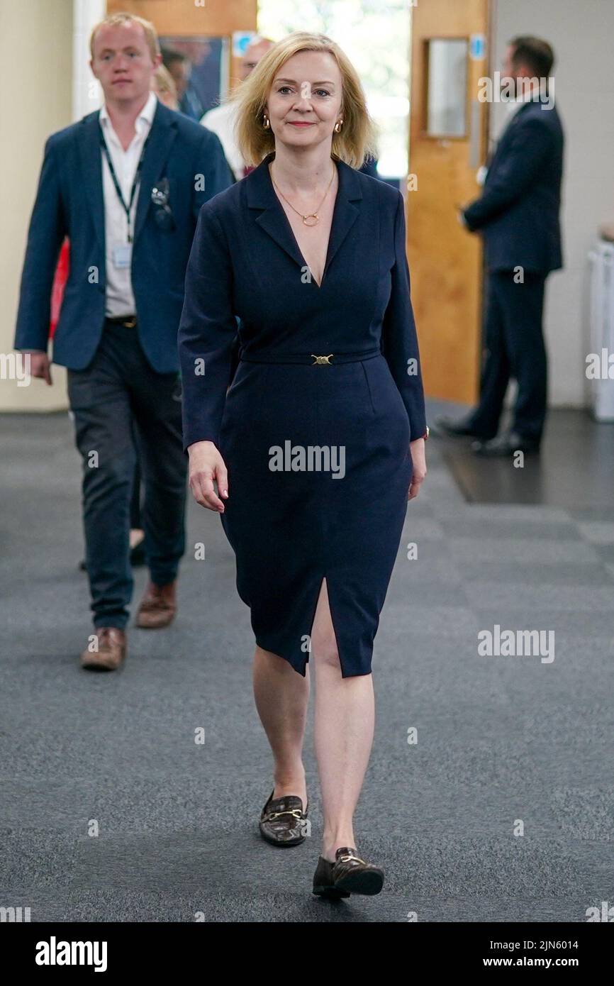 Britain's Conservative Party leadership candidate Liz Truss visits the Reliance Precision engineering company ahead of a hustings event later, in Huddersfield, Britain August 9, 2022. Ian Forsyth/Pool via REUTERS Stock Photo