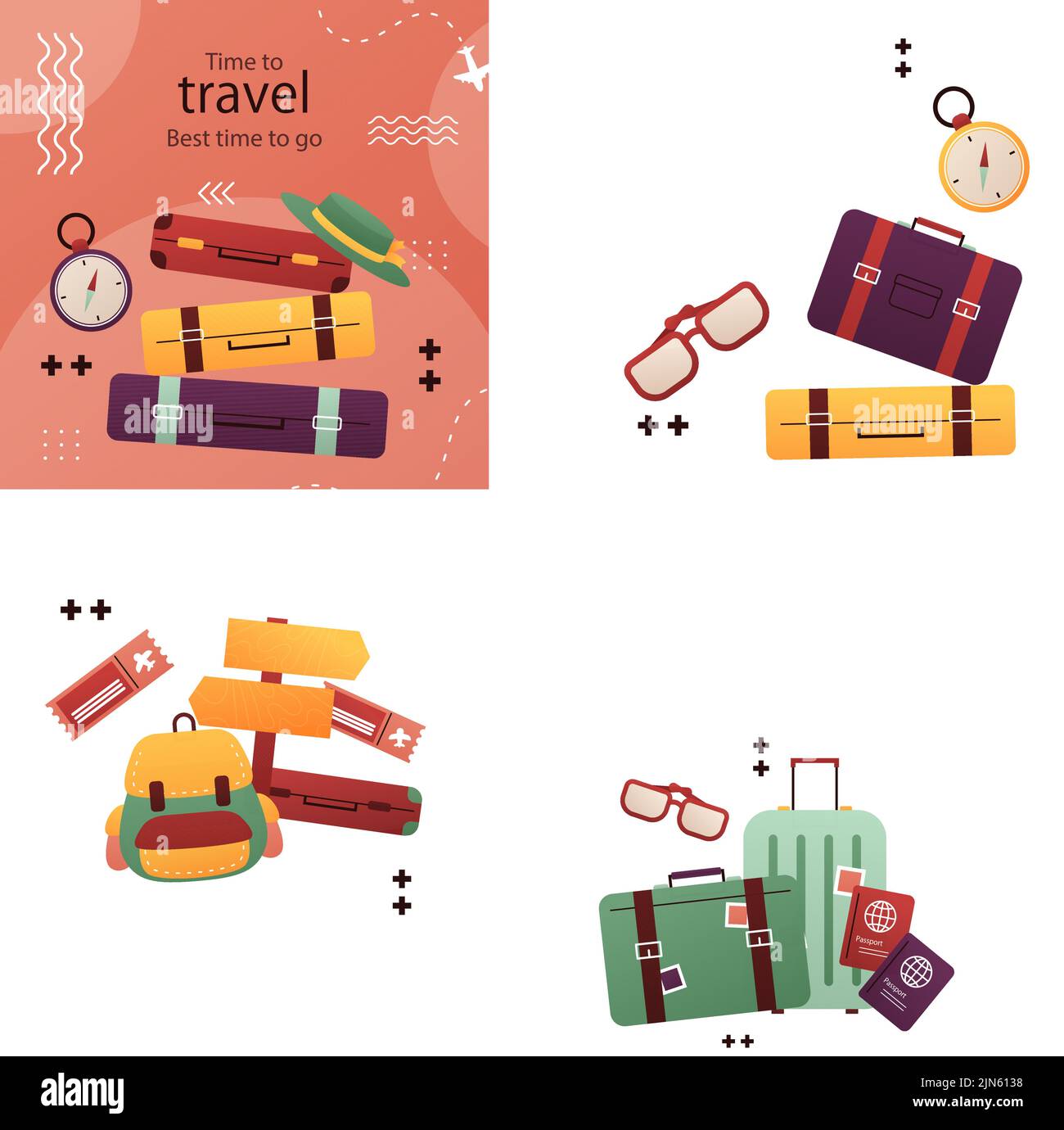 Gradient instagram posts set for travel agency Vector illustration. Stock Vector