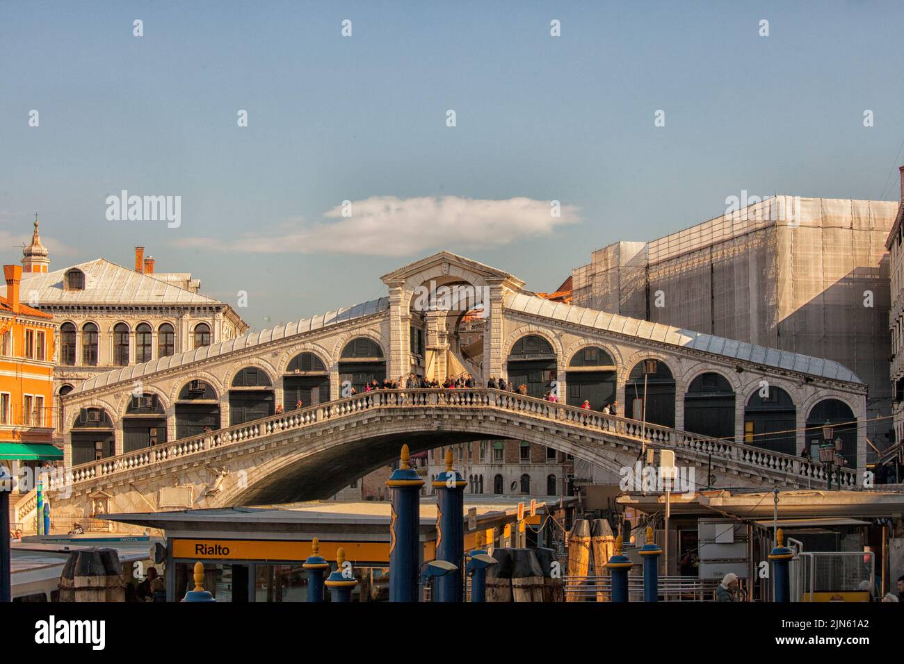 Rialto bridge with transportation stations in Venice, Italy.  Rialto Bridge is a stone arch bridge in Venice Stock Photo