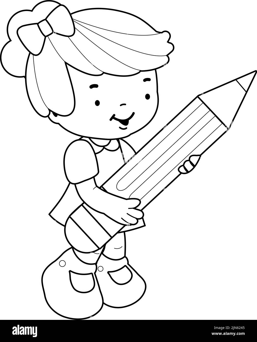 Little girl student holding a big pencil. Vector black and white coloring page Stock Vector