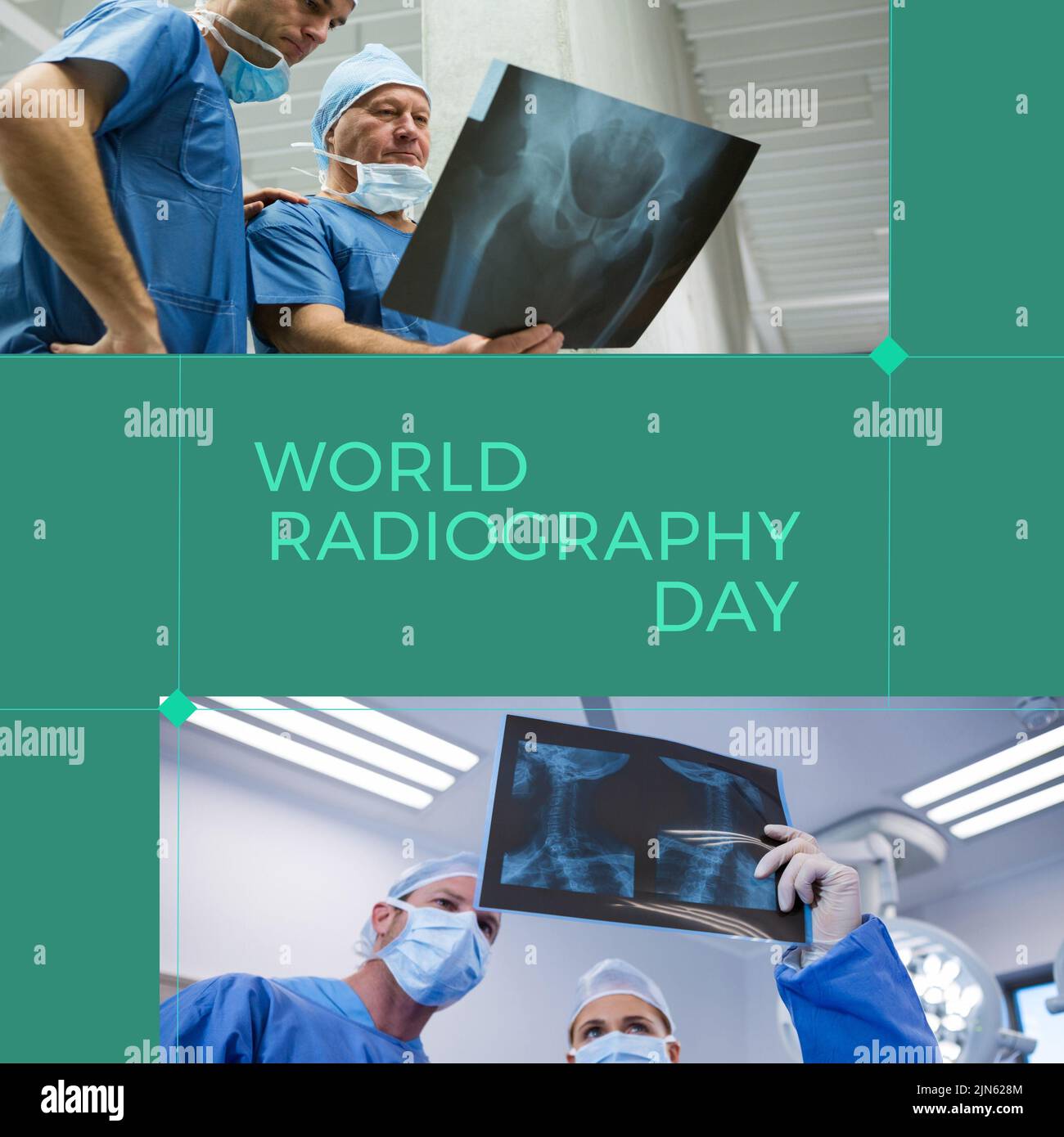 Composition of world radiography day text with diverse doctors on green background Stock Photo