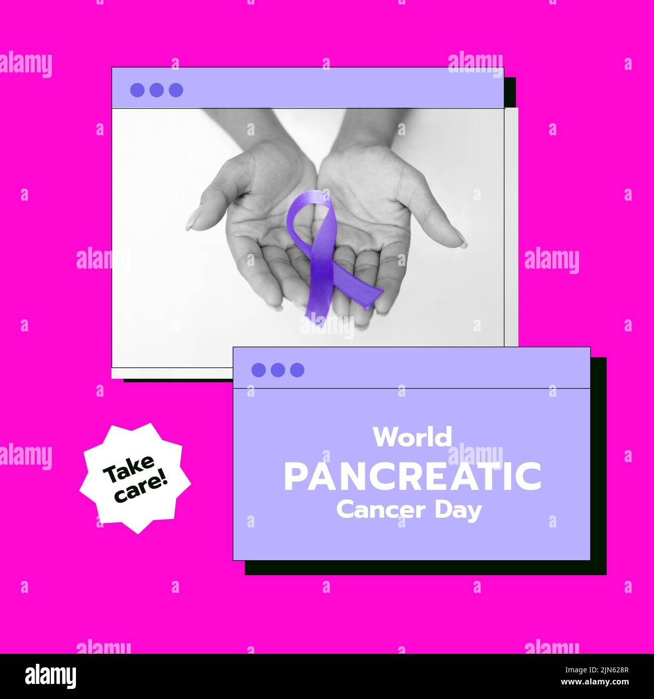Composition of world pancreatic cancer day text with hand holding purple ribbon on pink background Stock Photo