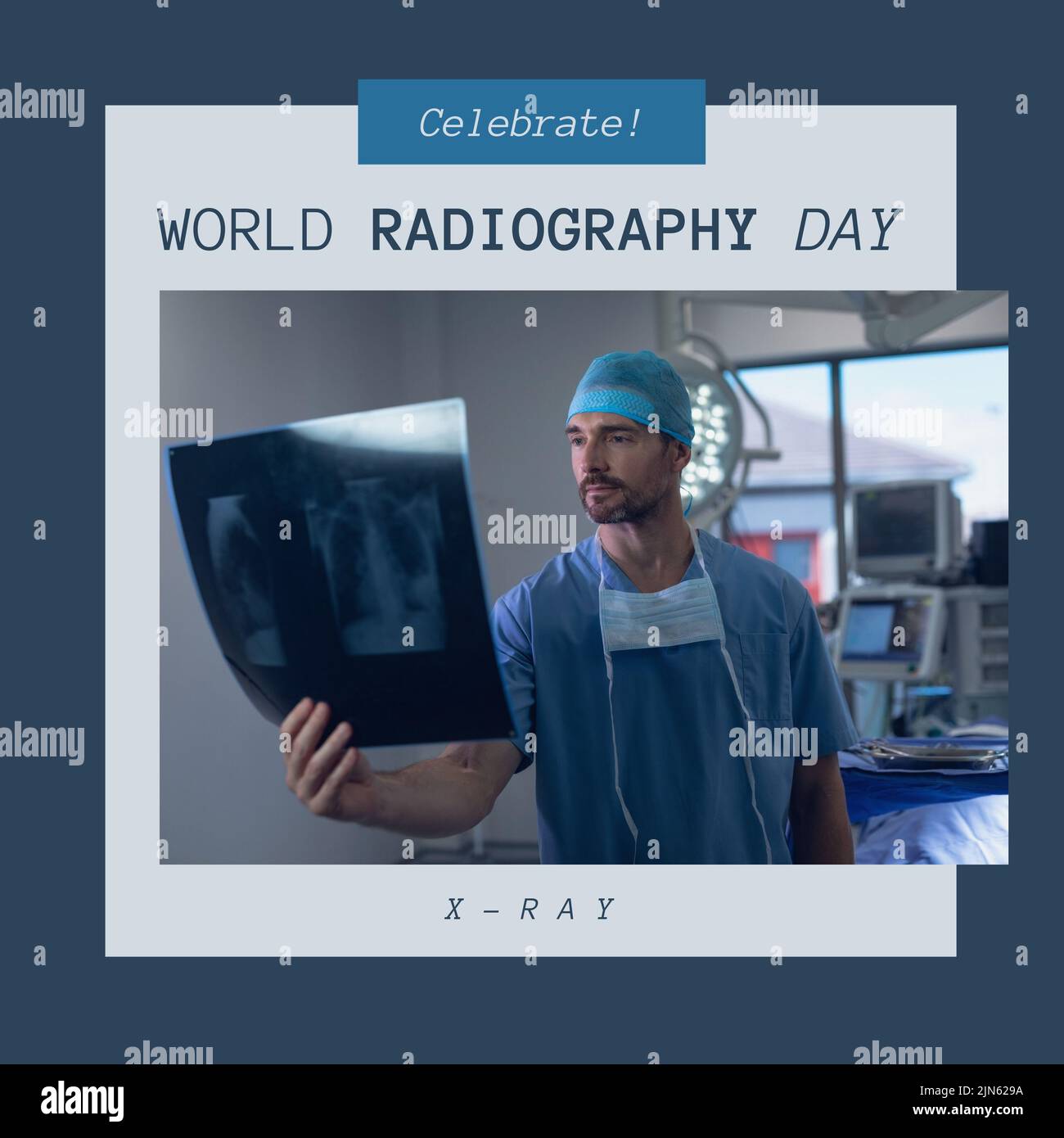 Composition of world radiography day text over caucasian male surgeon with x ray Stock Photo