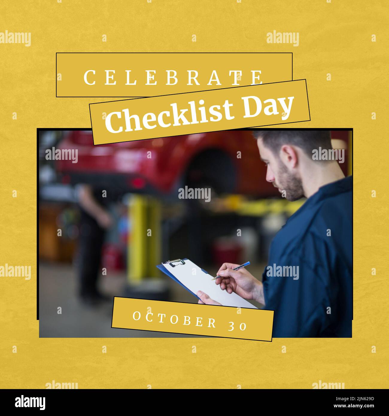 Composition of checklist day text over caucasian worker with clipboard Stock Photo