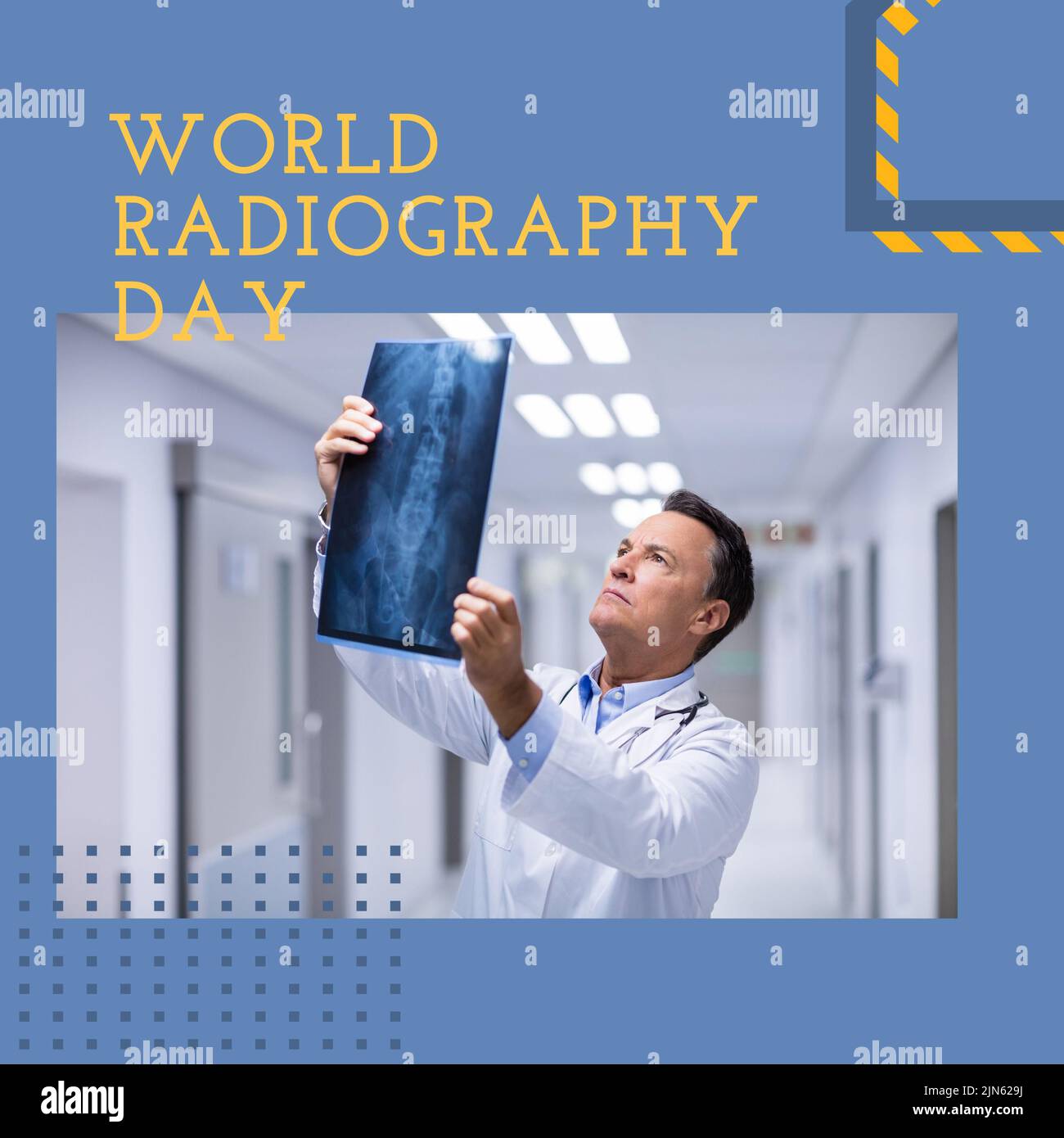Composition of world radiography day text over caucasian male doctor with xray Stock Photo