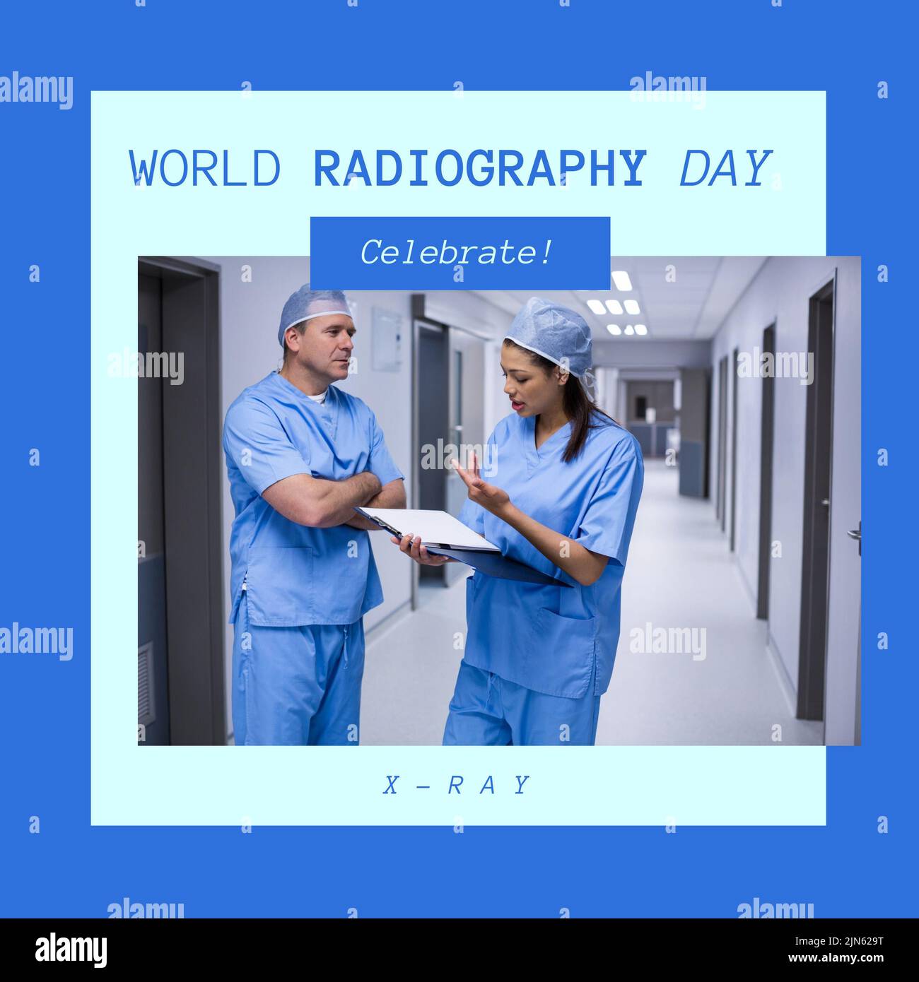 Composition of world radiography day text over diverse surgeons discussing Stock Photo