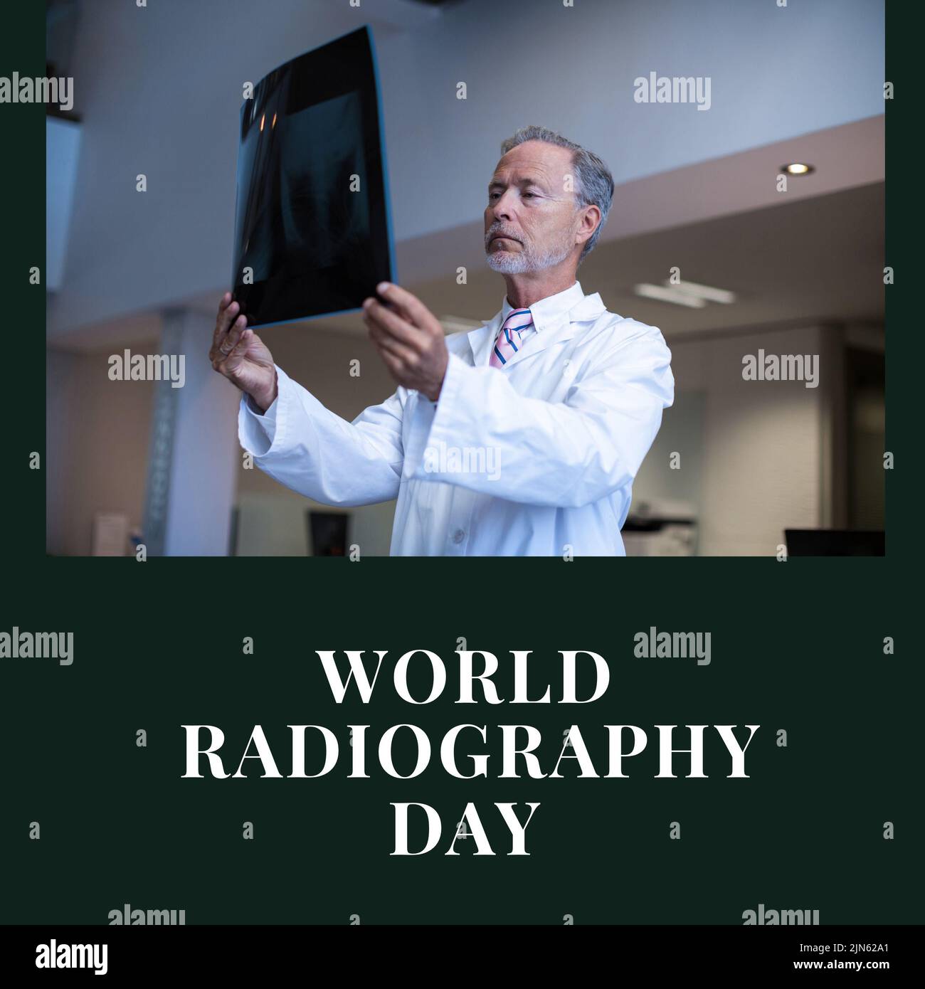 Composition of world radiography day text over caucasian male doctor with xray Stock Photo