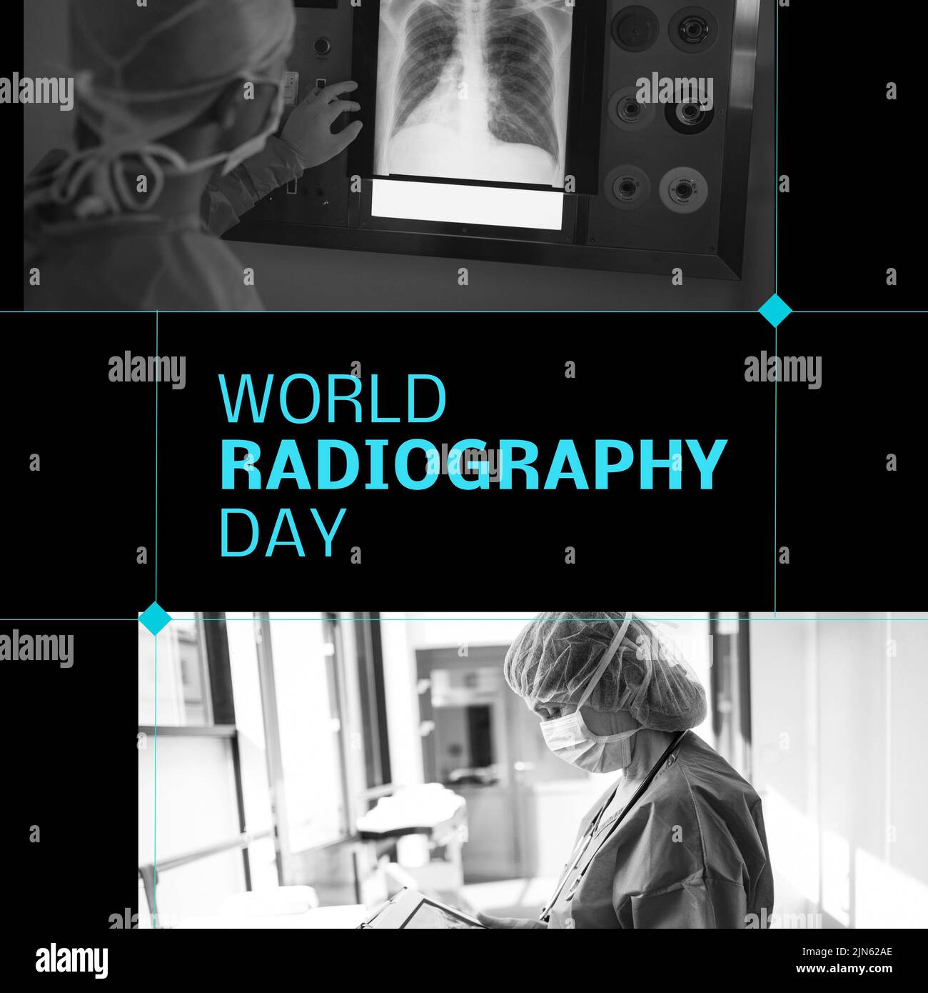 Composition of world radiography day text with diverse doctors on black background Stock Photo