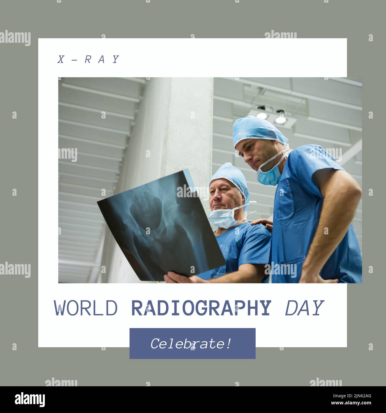 Composition of world radiography day text over diverse surgeons discussing x ray Stock Photo