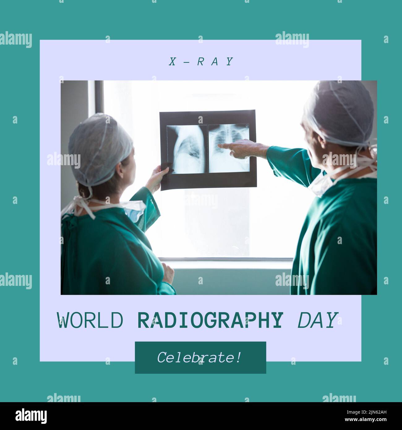 Composition of world radiography day text over diverse surgeons discussing x ray Stock Photo