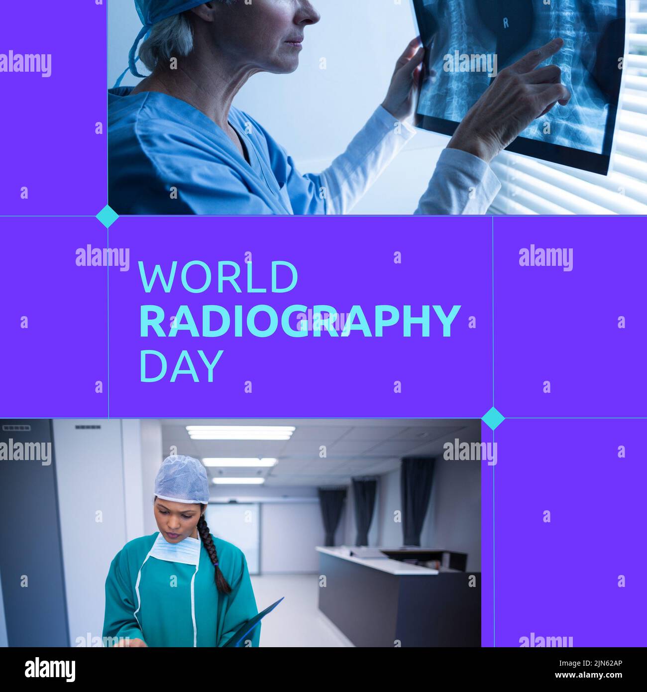 Composition of world radiography day text with diverse doctors on blue background Stock Photo
