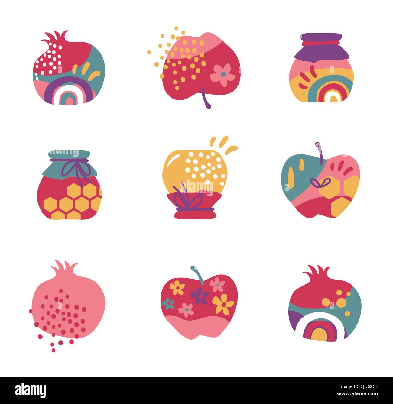 Rosh Hashana, Jewish holiday icons with abstract patterns. Apple, honey, pomegranate and flowers, New Year symbols and icon. Vector illustration Stock Vector