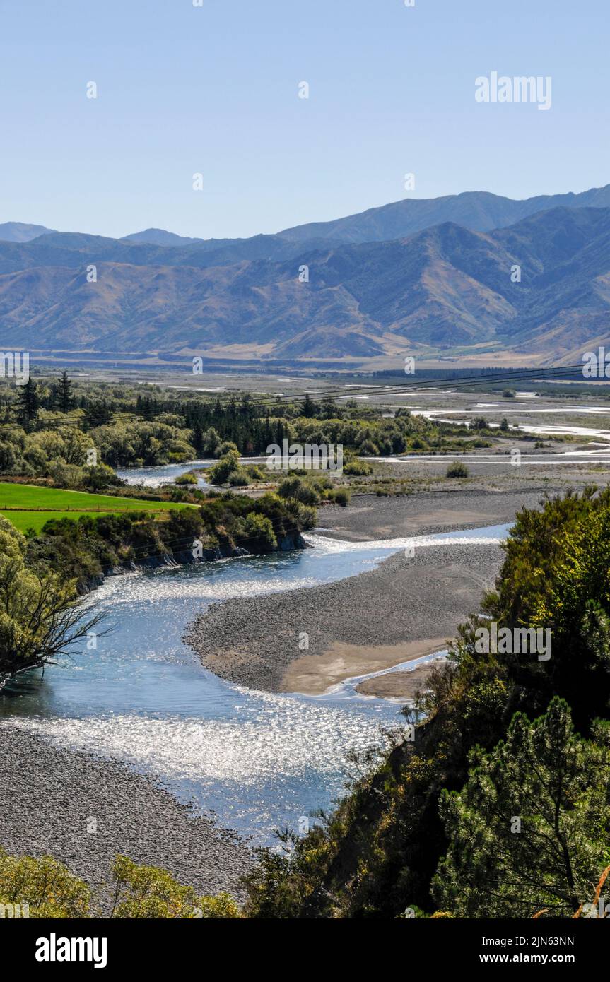 The Waiau river is near Hanmer Hot Springs resort in the Canterbury plains on South Island in New Zealand. Stock Photo
