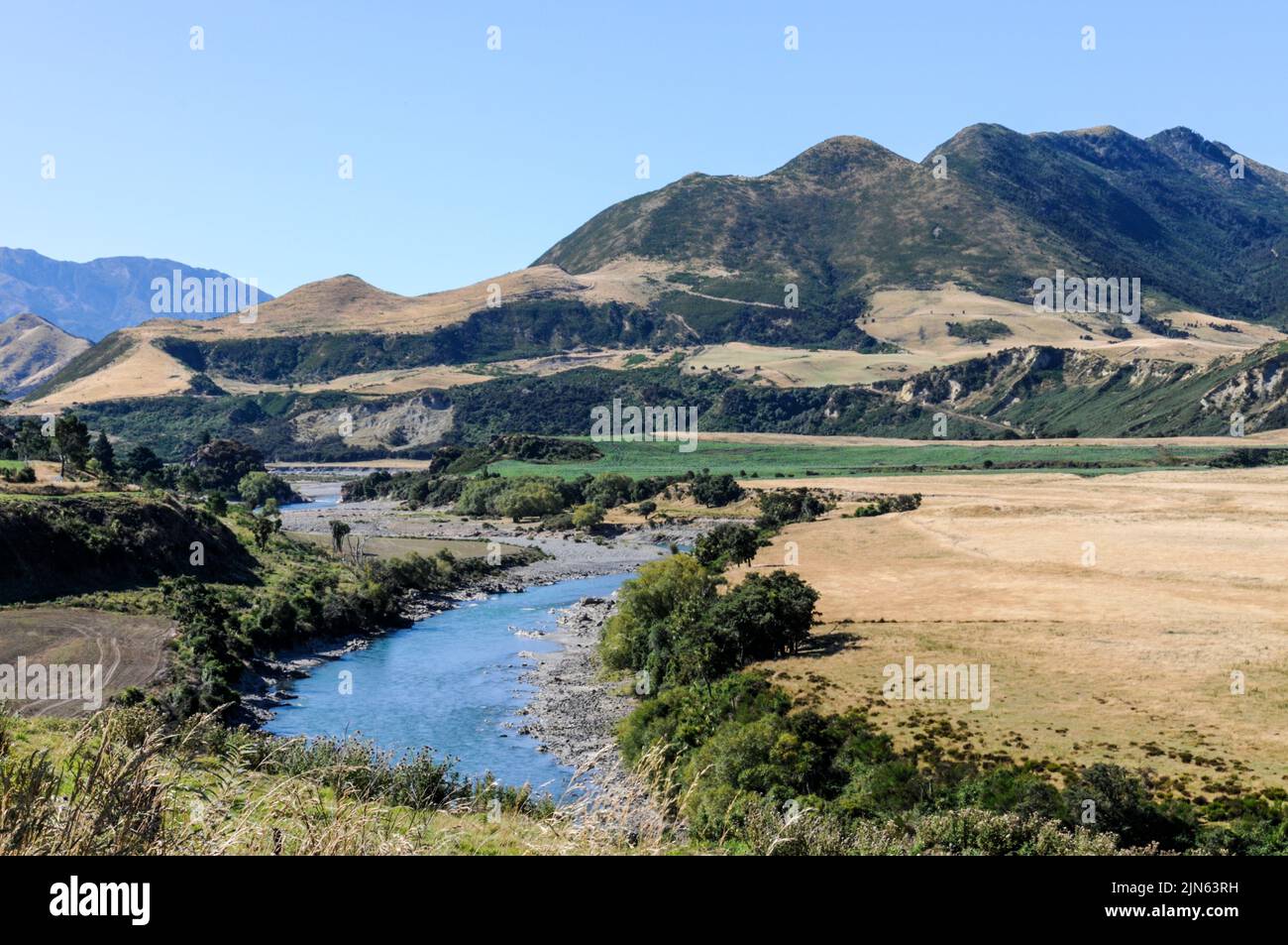 The Waiau river is near Hanmer Hot Springs resort in the Canterbury plains on South Island in New Zealand. Stock Photo