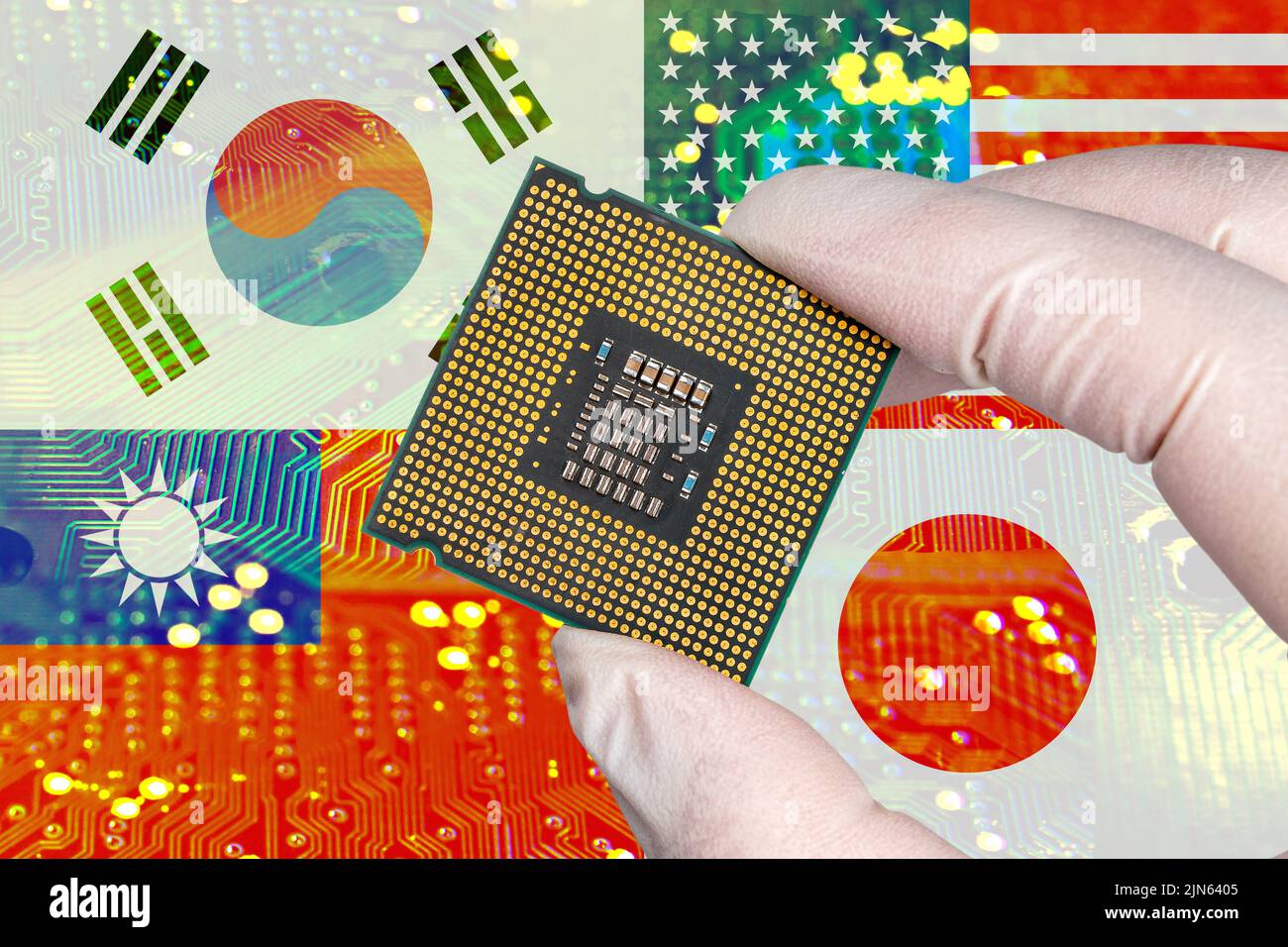 South Korea, USA, Taiwan and Japan flags and semiconductor chips. Chip4 alliance concept. Stock Photo