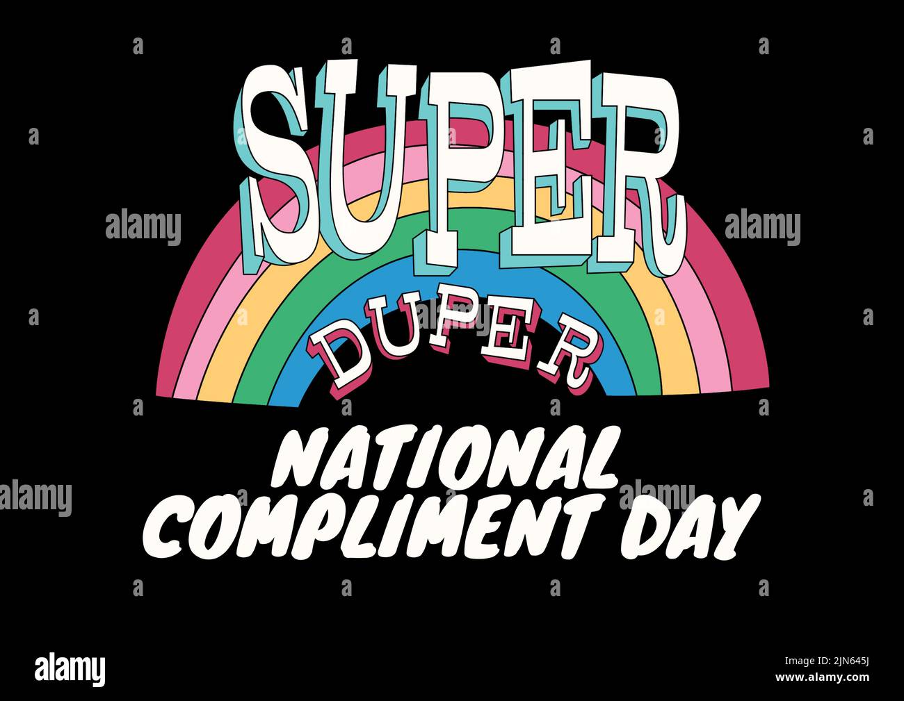 Composition of super duper national compliment day text with rainbow on black backgorund Stock Photo